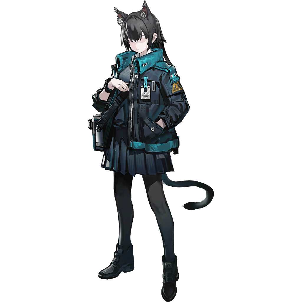 arknights, official art, third-party source, 1girl, animal ear fluff, animal ears, bag, black hair, black jacket, black pantyhose, black shoes, brown hair, faceless, faceless female, female hr department operator (arknights), full body, hair over eyes, hand in pocket, id card, jacket, long bangs, long hair, pantyhose, pleated skirt, rhodes island uniform, shoes, shoulder bag, simple background, skirt, solo, standing, tachi-e, tail, transparent background