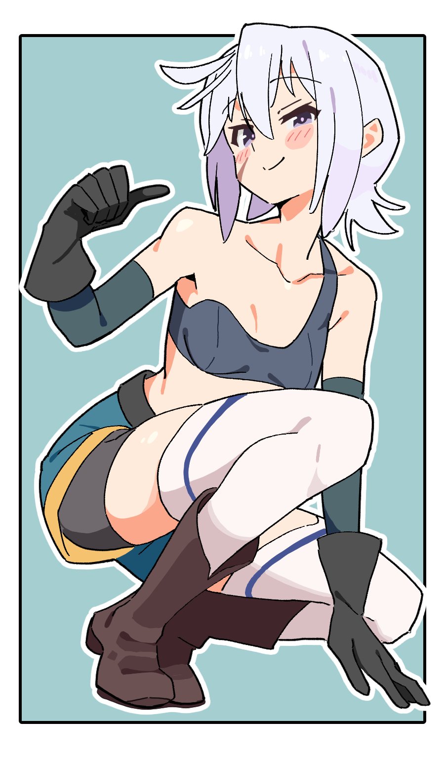 noyama takenoko, chris (konosuba), kono subarashii sekai ni shukufuku wo!, commentary, highres, revision, 1girl, bare shoulders, black gloves, blush stickers, boots, breasts, brown boots, closed mouth, collarbone, full body, gloves, gradient background, grey sports bra, half-closed eye, layered gloves, looking at viewer, outline, pointing, pointing at self, purple eyes, shadow, short hair, shorts under shorts, simple background, single strap, small breasts, smile, solo, sports bra, squatting, thighhighs, thumbs up, turning head, white hair, white outline, white thighhighs