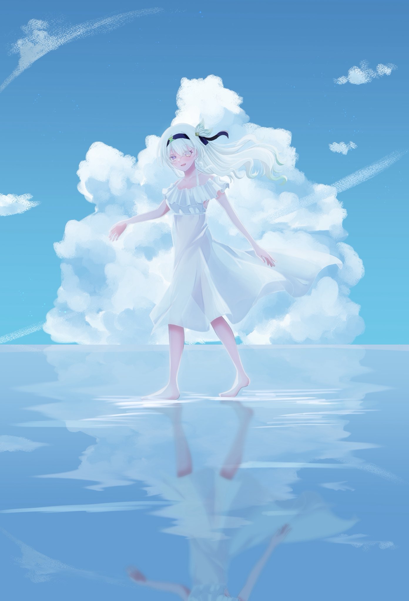 ellypwakame316, firefly (honkai: star rail), honkai: star rail, honkai (series), highres, 1girl, barefoot, black hairband, black ribbon, blue pupils, blue sky, blush, cloud, cloudy sky, dress, frilled dress, frills, gradient hair, grey hair, hair between eyes, hair intakes, hair ornament, hair over one eye, hair ribbon, hairband, long hair, multicolored eyes, multicolored hair, on water, open mouth, ribbon, sky, smile, solo, walking, walking on liquid, white dress