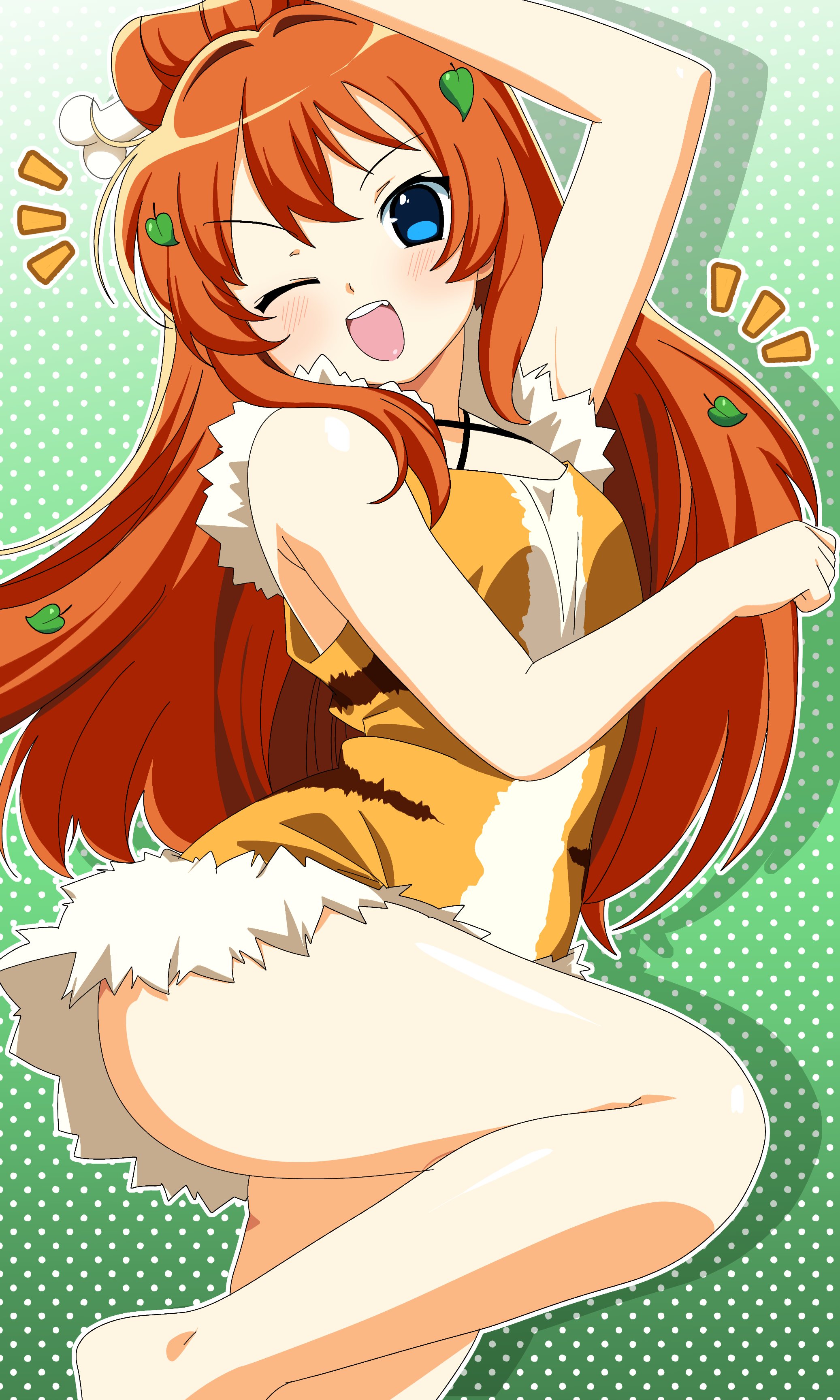 bk (barakoodra), fang guu, 3am, absurdres, commentary, commission, english commentary, highres, vgen commission, 1girl, 2000s (style), ass, blue eyes, blush, dress, faux retro artstyle, one eye closed, open mouth, orange hair, smile, solo, teeth, upper teeth only, virtual youtuber