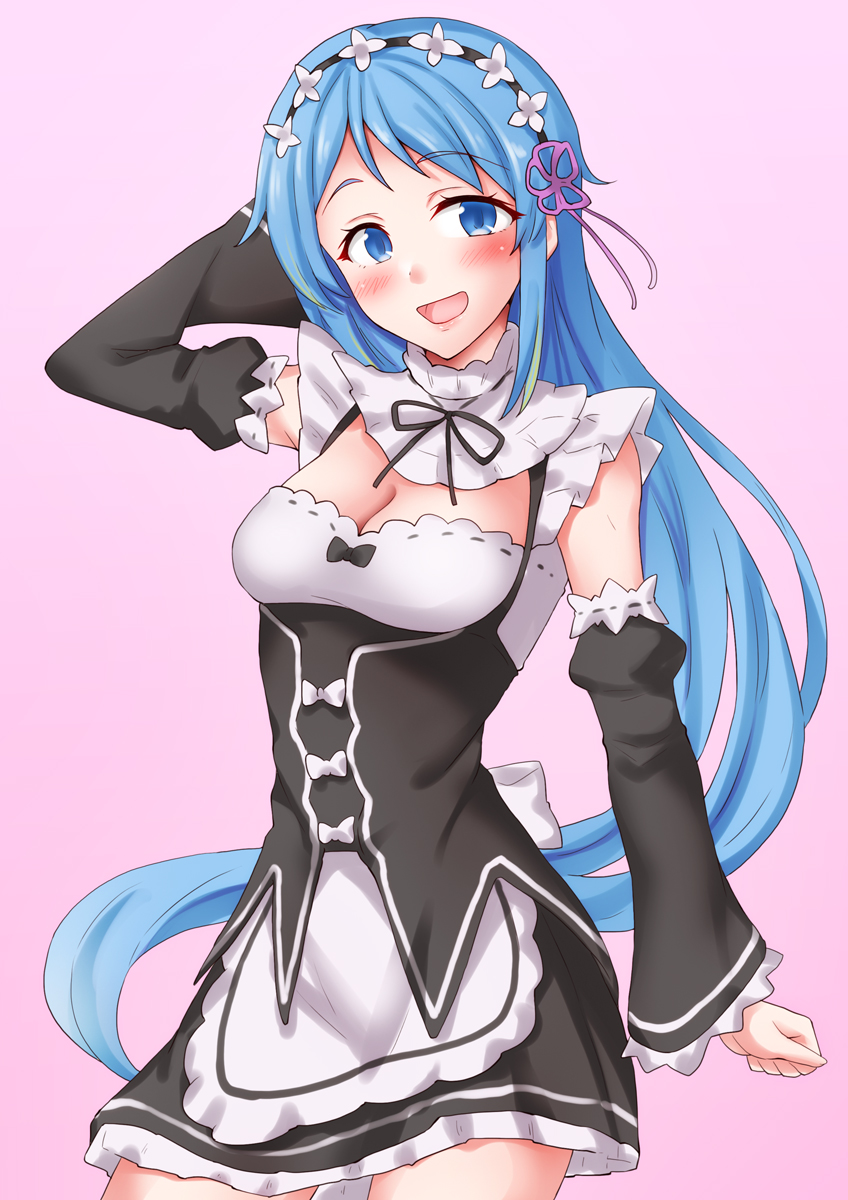 anti (untea9), rem (re:zero), samidare (kancolle), kantai collection, re:zero kara hajimeru isekai seikatsu, highres, 1girl, alternate costume, blue eyes, blue hair, blush, breasts, cleavage, cosplay, detached sleeves, dress, frills, hair ornament, hair ribbon, long hair, looking at viewer, maid, maid headdress, open mouth, pink background, rem (re:zero) (cosplay), ribbon, roswaal mansion maid uniform, small breasts, smile, solo, very long hair, x hair ornament