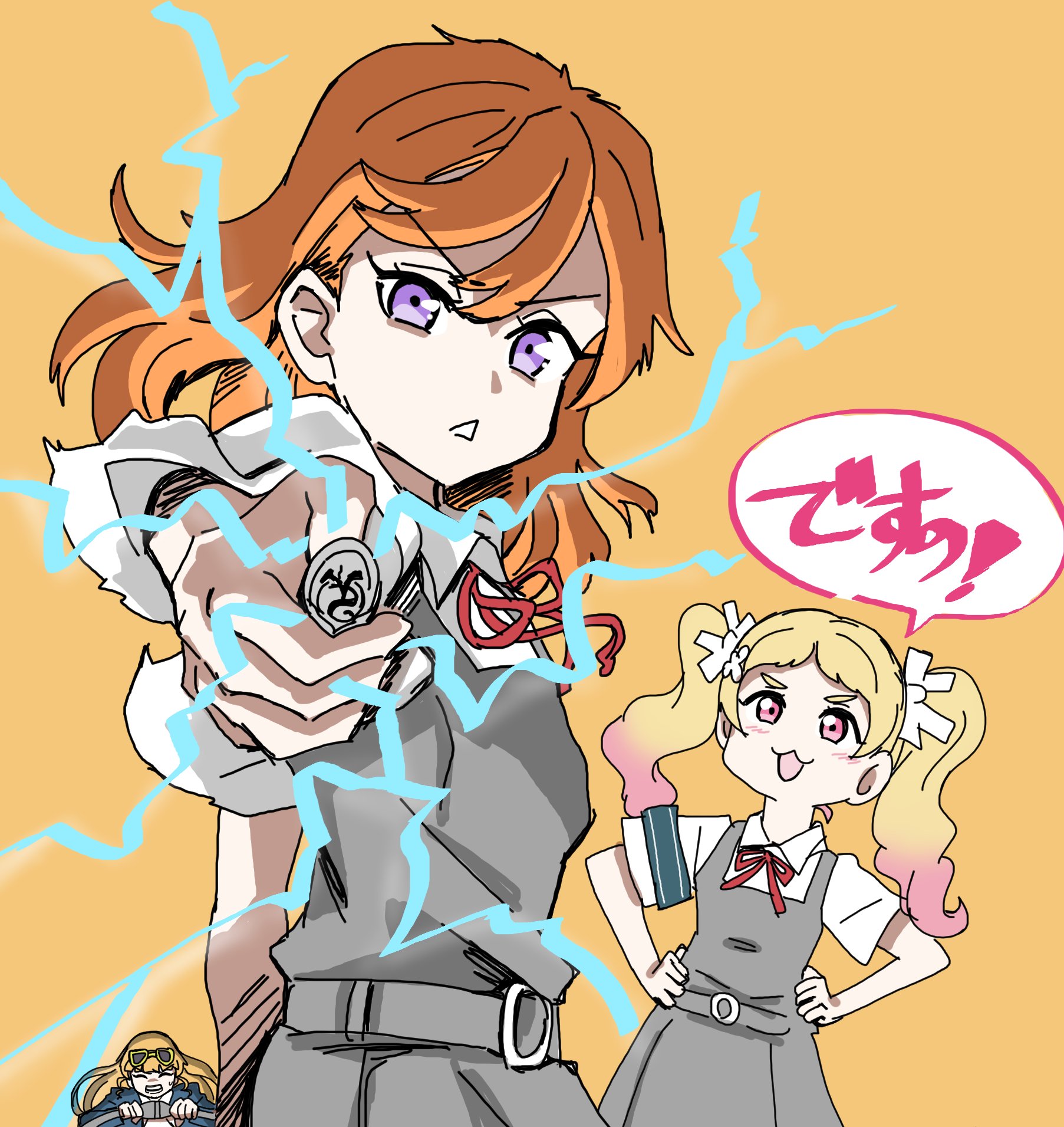 conodon2, heanna sumire, onitsuka natsumi, shibuya kanon, love live!, love live! superstar!!, toaru kagaku no railgun, toaru majutsu no index, commentary request, highres, 2girls, :<, :3, :d, blonde hair, cable, colored speech bubble, electricity, electrokinesis, eyewear on head, gradient hair, hair ribbon, holding, holding cable, looking at viewer, multicolored hair, multiple girls, open mouth, orange hair, parody, pink hair, purple eyes, railgun (misaka mikoto), ribbon, simple background, smile, speech bubble, sunglasses, triangle mouth, twintails, v-shaped eyebrows, white ribbon, yellow background