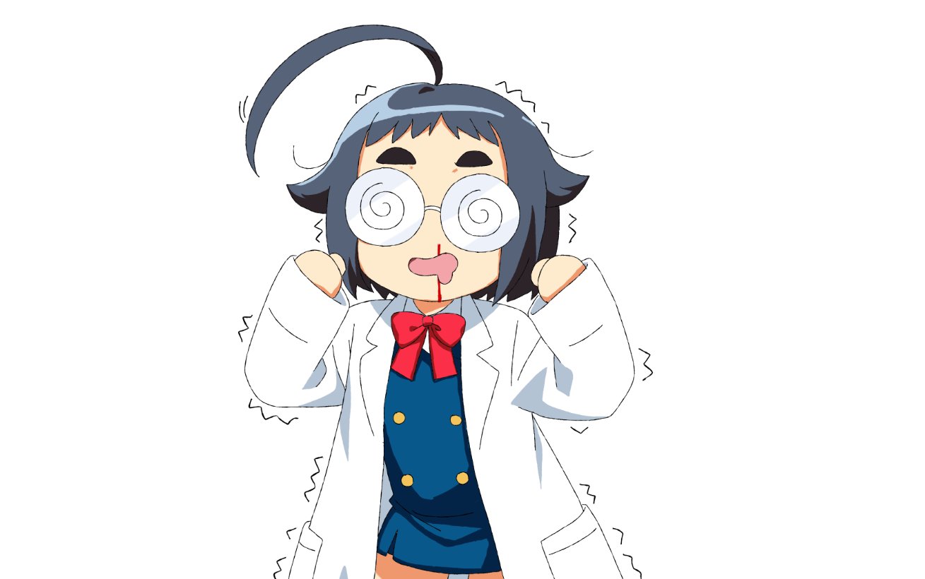 bk (barakoodra), original, @ @, ahoge, artist self-insert, coke-bottle glasses, deformed, glasses, lab coat, no nose, opaque glasses, open mouth, round eyewear, smile, solo