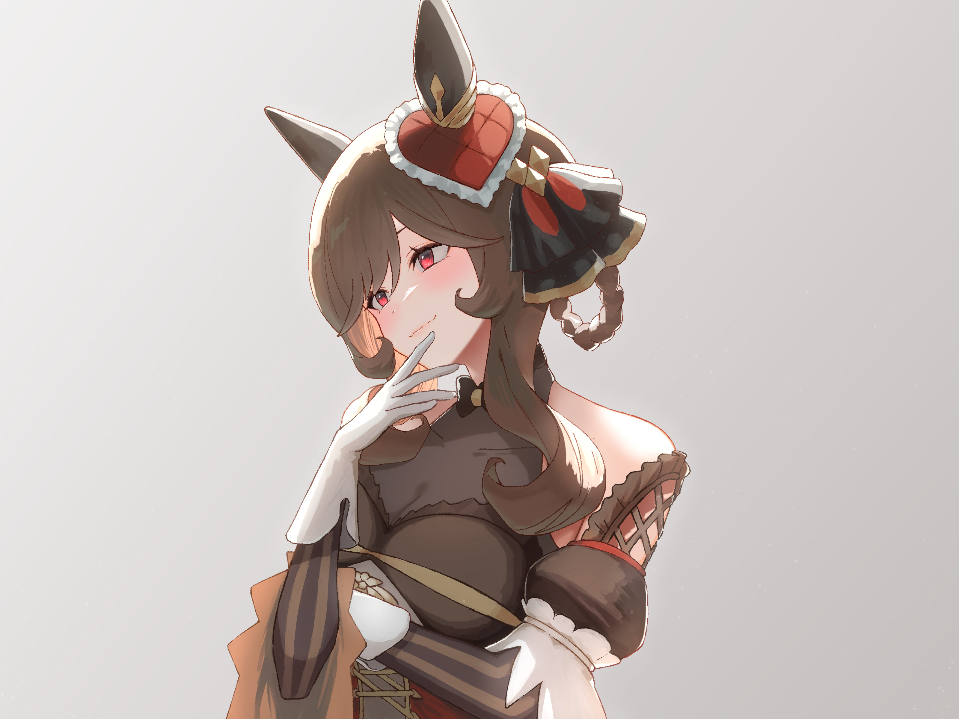 gentildonna (umamusume), umamusume, absurdres, highres, 1girl, animal ears, braid, braided hair rings, brown hair, ear covers, ear ornament, grey background, hair rings, heart-shaped ornament, heart ear ornament, horse ears, horse girl, single ear cover, solo, upper body, user ffef7423