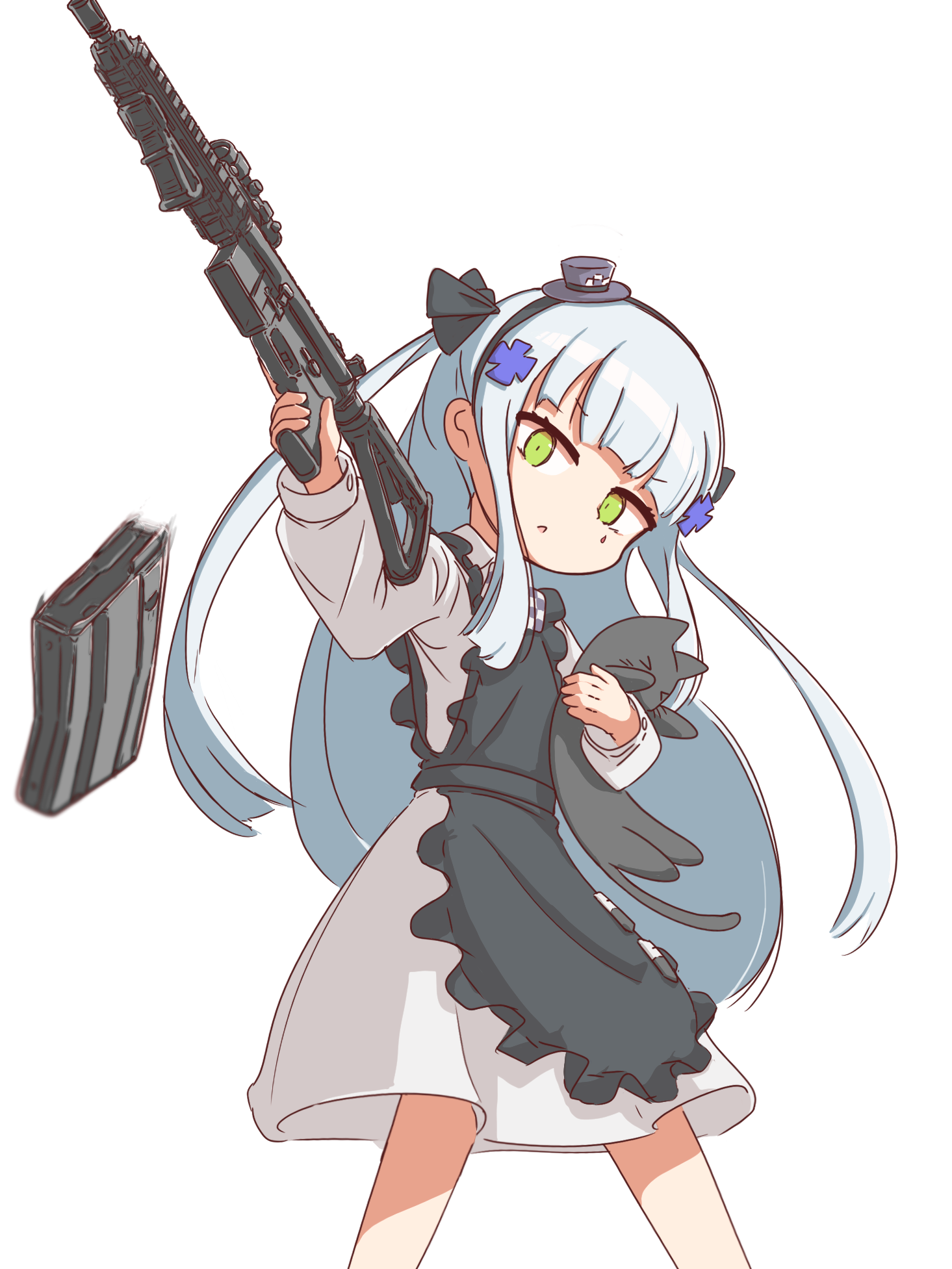 player193, hk416 (black kitty's gift) (girls' frontline), hk416 (girls' frontline), girls' frontline, heckler & koch, commentary request, highres, 1girl, animal, apron, assault rifle, black apron, black cat, black hairband, black ribbon, blue hair, blunt bangs, cat, dress, green eyes, gun, h&k hk416, hair ornament, hairband, hat, holding, holding animal, holding cat, holding gun, holding weapon, long hair, long sleeves, looking at viewer, mini hat, parted lips, ribbon, rifle, simple background, solo, teardrop facial mark, two side up, weapon, white background, white dress