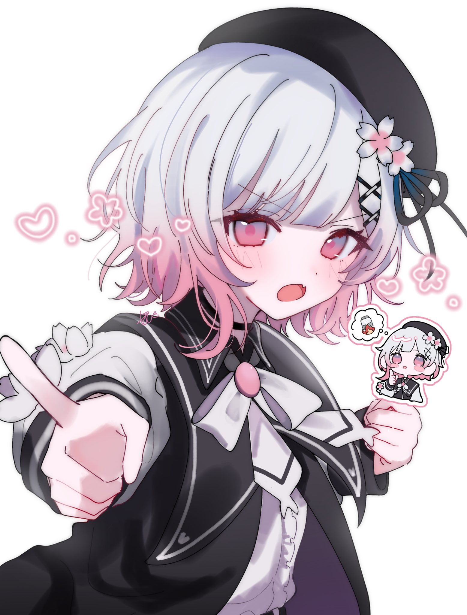 pote (pote 39), sakuraba ema, mahou shoujo no majo saiban, commentary request, highres, 1girl, beret, black choker, black hat, black jacket, choker, clenched hand, fang, fire, flower, glass bottle, gradient hair, hair ornament, hat, hat flower, jacket, looking at viewer, magical girl, multicolored hair, open mouth, pink eyes, pointing, shirt, short hair, simple background, skin fang, speech bubble, thinking, thought bubble, upper body, white background, white flower, white hair, white shirt, x hair ornament