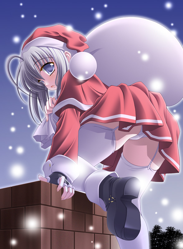 taira takehiro, original, black footwear, red headwear, silver hair, 1girl, black gloves, blush, boots, capelet, chimney, christmas, fang, fingerless gloves, garter straps, gloves, grey eyes, hat, holding, long hair, long sleeves, looking at viewer, looking back, open mouth, panties, pom pom (clothes), red capelet, red shirt, red skirt, sack, santa costume, santa hat, shirt, skirt, sky, snow, thighhighs, tree, underwear, upskirt, white panties, white thighhighs