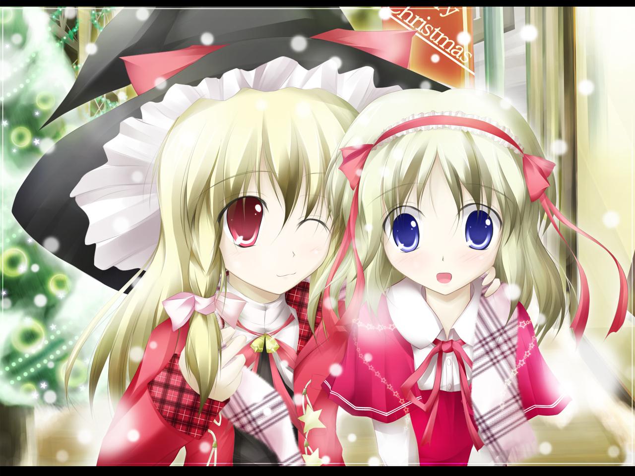 desuno, alice margatroid, kirisame marisa, perfect cherry blossom, touhou, 2girls, christmas, female focus, hat, multiple girls, outdoors, plant, scarf, witch, witch hat