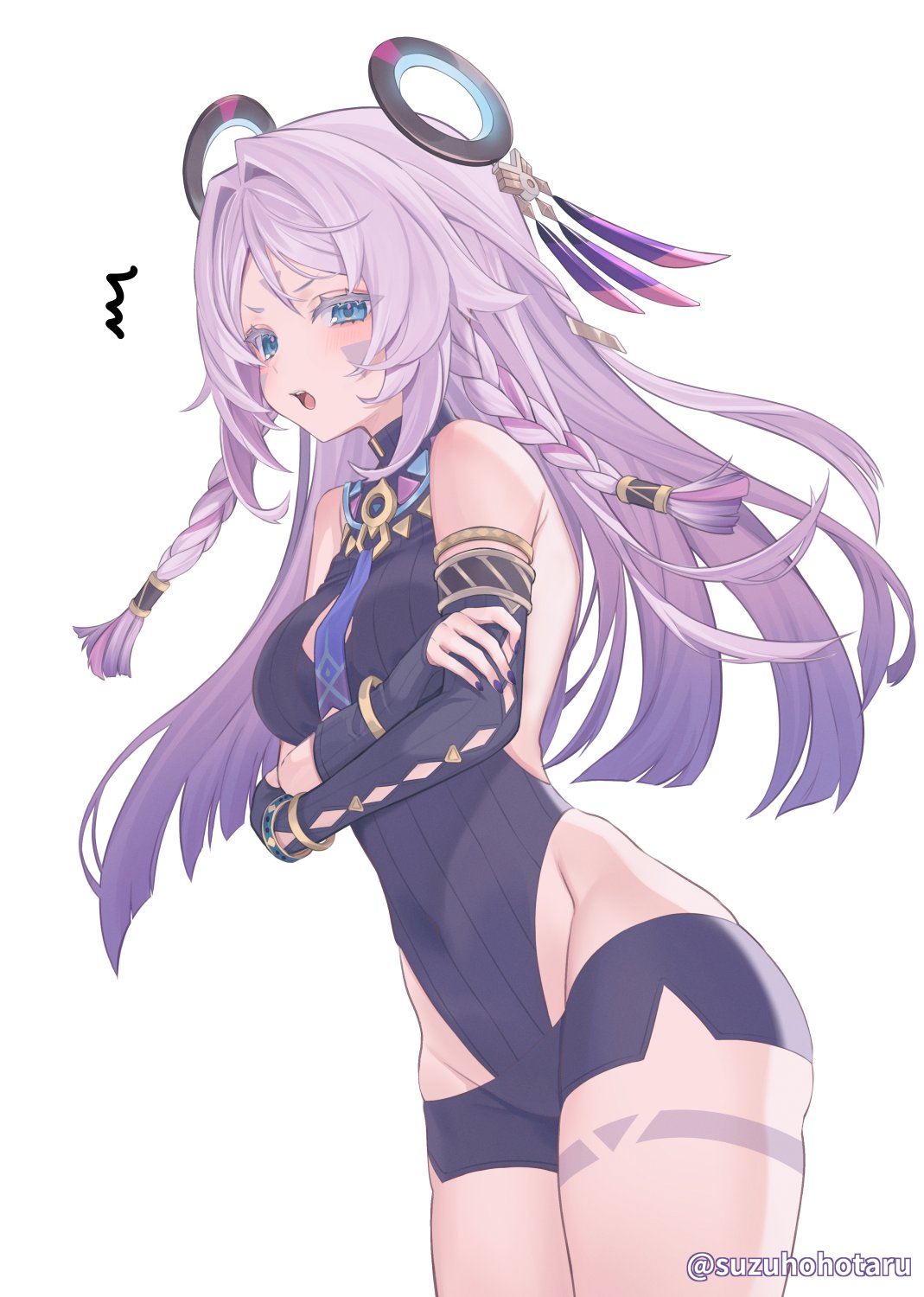 suzuho hotaru, citlali (genshin impact), genshin impact, highres, 1girl, armlet, bare shoulders, black leotard, blue eyes, blush, bracelet, braid, braided sidelock, breasts, detached sleeves, facial mark, feather hair ornament, feathers, gradient hair, hair ornament, jewelry, leotard, long hair, looking at viewer, medium breasts, multicolored hair, open mouth, parted bangs, pink hair, ring hair ornament, solo, thighs