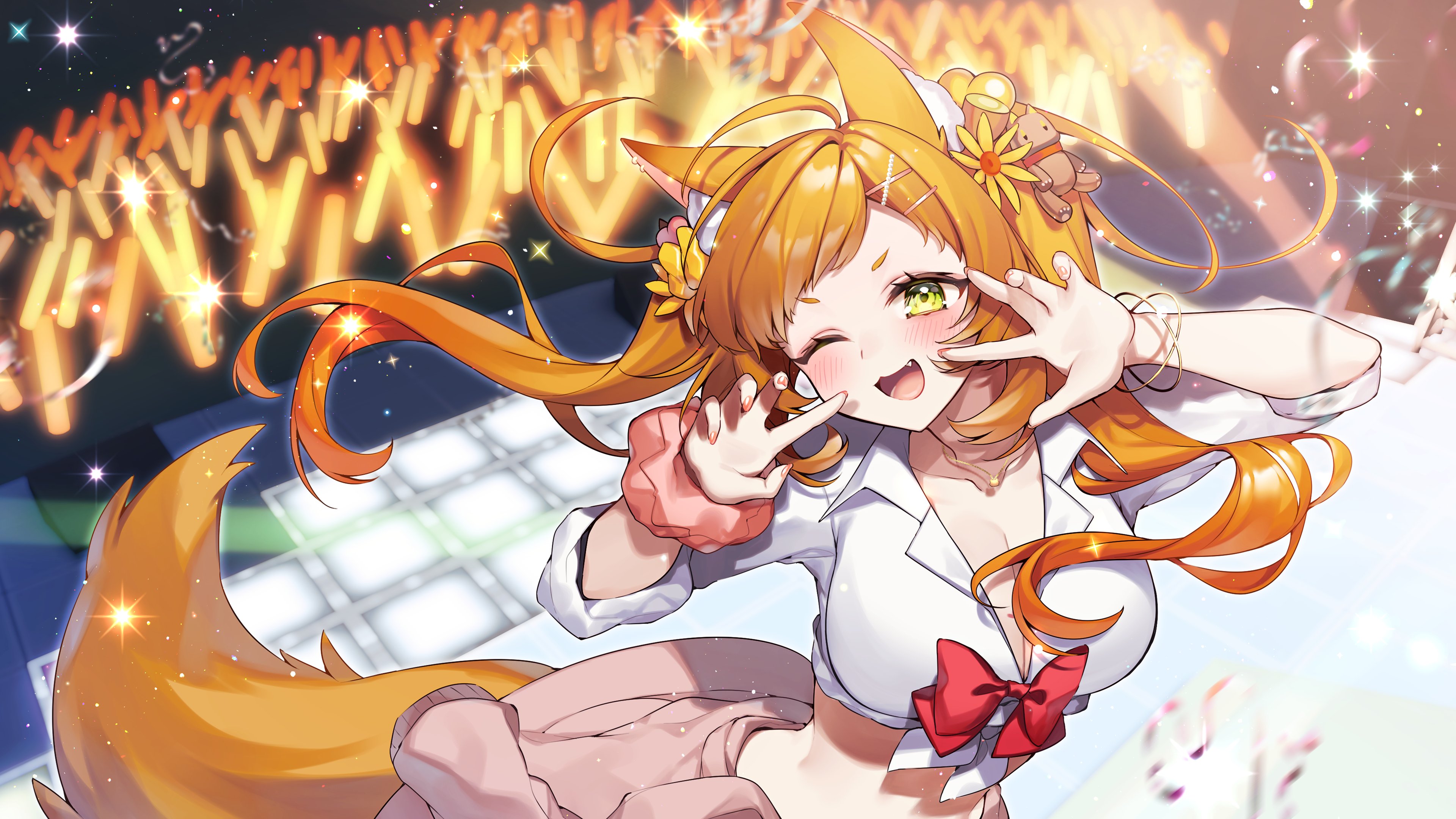 anzu 1026, indie virtual youtuber, absurdres, commentary request, highres, 1girl, animal ear fluff, animal ears, blonde hair, blush, bow, breasts, cleavage, flower, glowstick, green eyes, gyaru, hair ornament, hands up, kuon natsume, large breasts, long hair, looking at viewer, one eye closed, open mouth, pink nails, shirt, smile, solo, stage, stage lights, swept bangs, twintails, virtual youtuber, white shirt, wolf ears, wolf girl