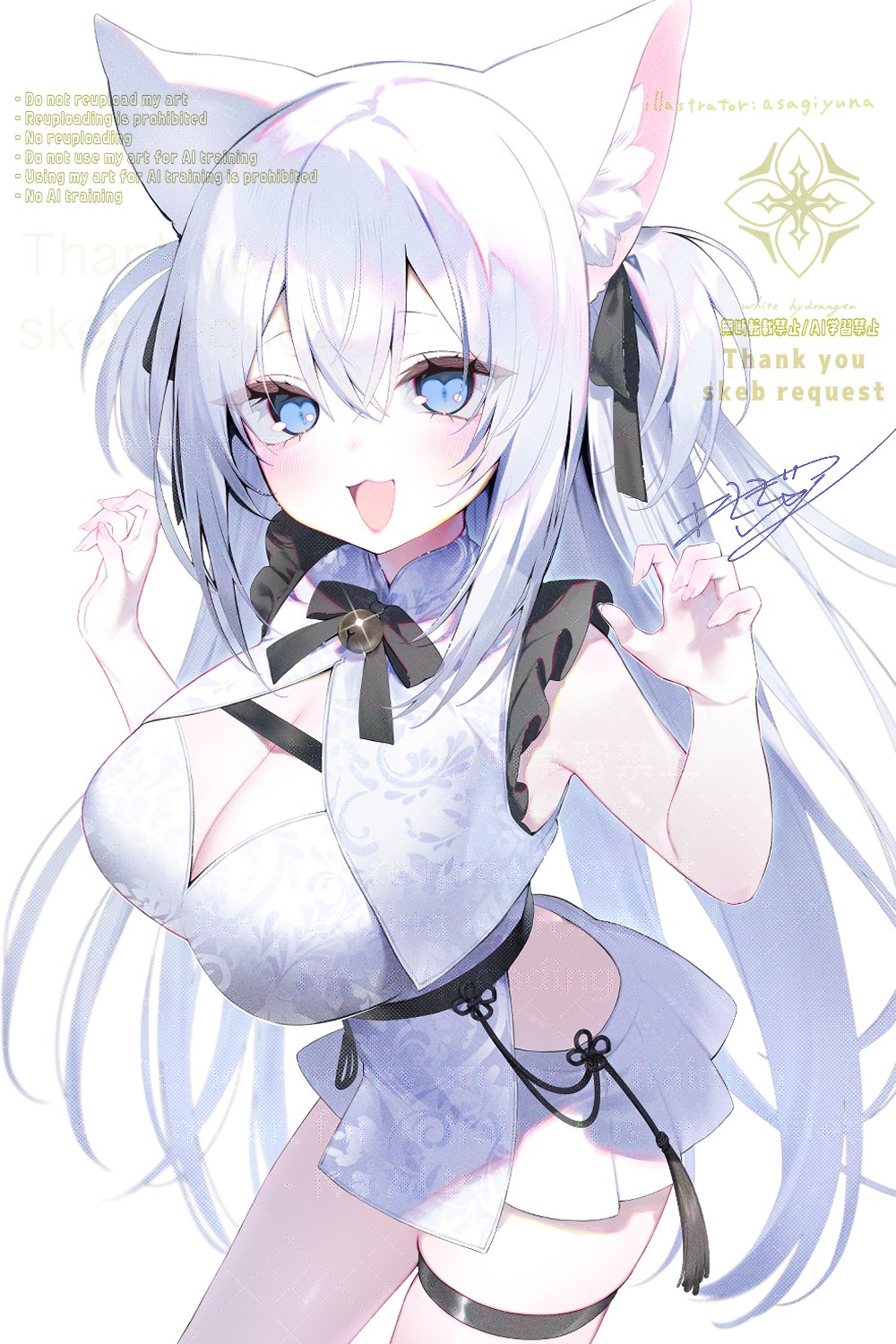 asagi yuna, original, highres, 1girl, animal ear fluff, animal ears, backless dress, backless outfit, black ribbon, blue eyes, blush, breasts, cleavage, clothing cutout, dress, hair ornament, hair ribbon, large breasts, long hair, looking at viewer, open mouth, ribbon, sleeveless, sleeveless dress, smile, solo, thigh strap, very long hair, white dress, white hair