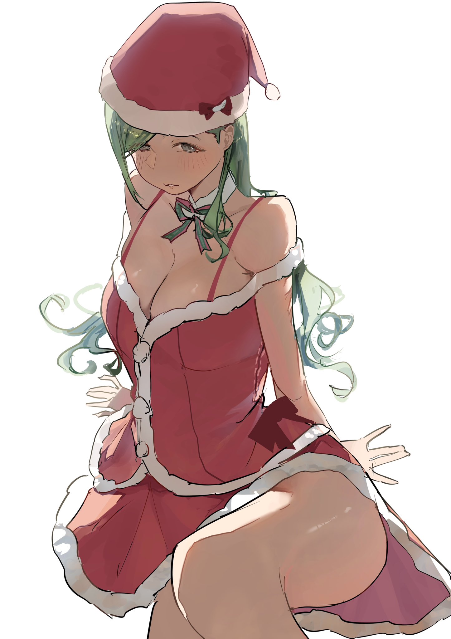 yamada no orochi, nanakusa hazuki, idolmaster, idolmaster shiny colors, highres, 1girl, alternate costume, bare legs, blush, bow, bowtie, breasts, cleavage, collarbone, detached collar, feet out of frame, green eyes, green hair, hat, large breasts, long hair, looking at viewer, santa costume, santa hat, simple background, sketch, solo, very long hair, white background