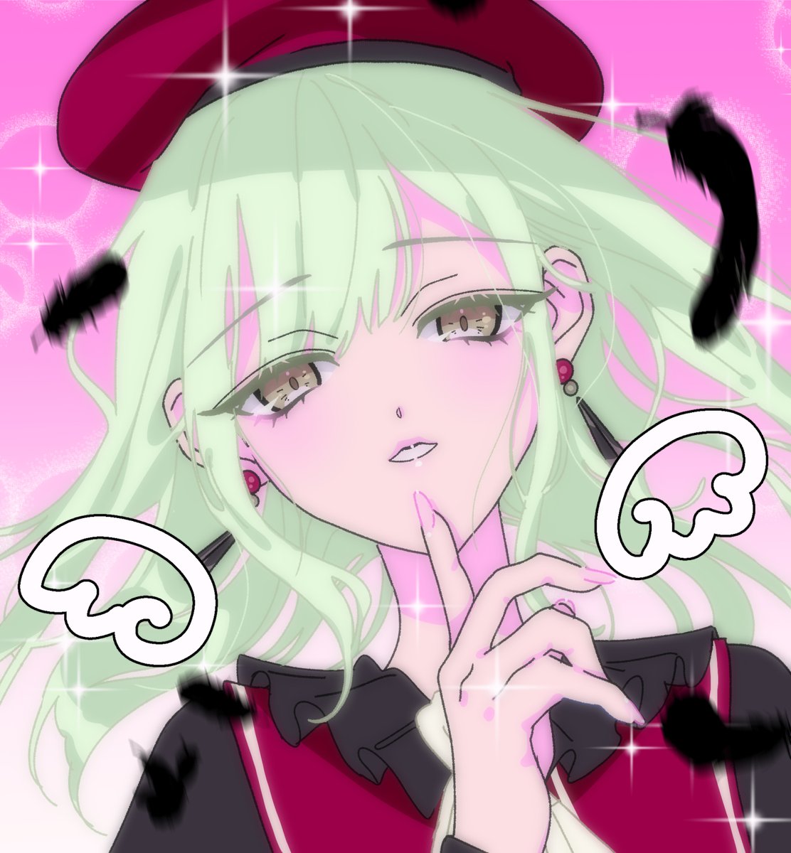 himitsu (iemaki), wakaba mutsumi, bang dream!, highres, 1girl, ascot, beret, black feathers, earrings, feathers, finger to own chin, fingernails, gradient background, green hair, hat, index finger raised, jewelry, long hair, looking at viewer, nail polish, pink hair, pink nails, portrait, solo, sparkle, two-tone background, white ascot, white background, yellow eyes