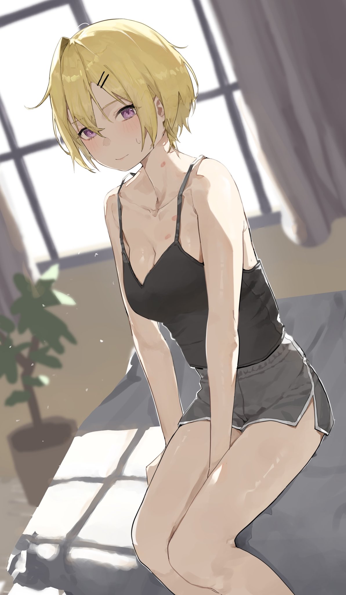 yamada no orochi, saijo juri, idolmaster, idolmaster shiny colors, highres, 1girl, arm between legs, bare arms, bare legs, black camisole, blonde hair, blush, breasts, camisole, cleavage, collarbone, feet out of frame, grey shorts, hickey, indoors, looking at viewer, medium breasts, on bed, plant, potted plant, short hair, short shorts, shorts, sitting, solo, sweatdrop