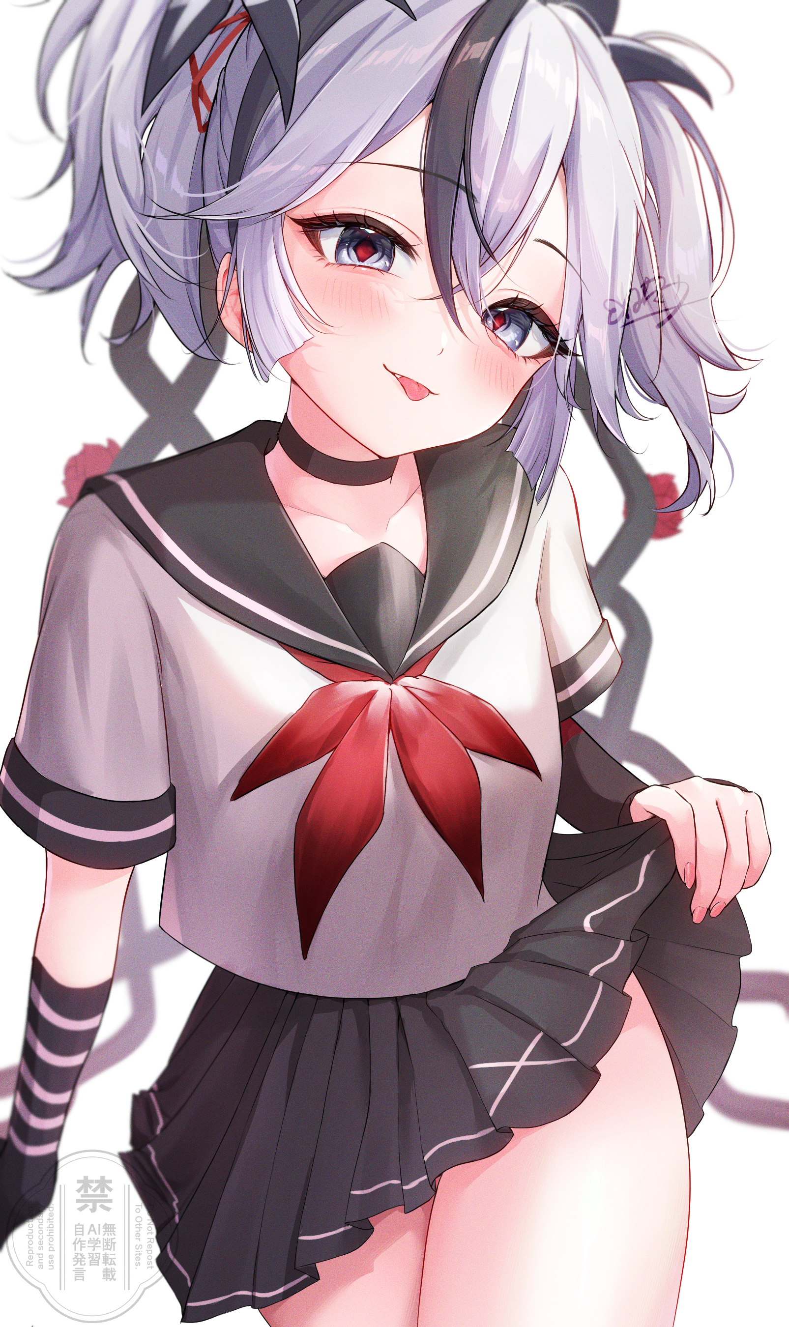netarou (netarou 25), camellya (wuthering waves), wuthering waves, absurdres, commentary request, highres, 1girl, :p, alternate costume, black eyes, black sailor collar, black skirt, blush, breasts, clothes lift, collarbone, cowboy shot, hair between eyes, hair ribbon, hair vines, lifting own clothes, looking at viewer, medium breasts, neckerchief, red neckerchief, red pupils, red ribbon, ribbon, sailor collar, school uniform, serafuku, shirt, short hair, short twintails, signature, simple background, skirt, skirt lift, smile, solo, thighs, tongue, tongue out, twintails, watermark, white background, white hair, white shirt