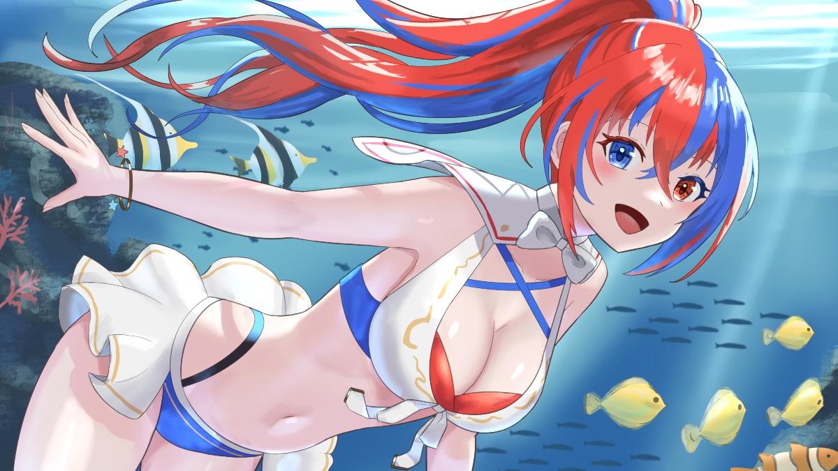 tarutaru193, female alear (fire emblem), female alear (seaside dragon) (fire emblem), fire emblem, fire emblem engage, fire emblem heroes, nintendo, 1girl, bikini, blue bikini, blue eyes, blue hair, blush, breasts, cleavage, criss-cross halter, crossed bangs, fish, halterneck, heterochromia, large breasts, long hair, multicolored bikini, multicolored hair, multicolored swimsuit, navel, ocean, official alternate costume, official alternate hairstyle, open mouth, ponytail, red bikini, red eyes, red hair, showgirl skirt, smile, solo, split-color hair, stomach, swimsuit, two-tone hair, underwater, very long hair, water, white bikini
