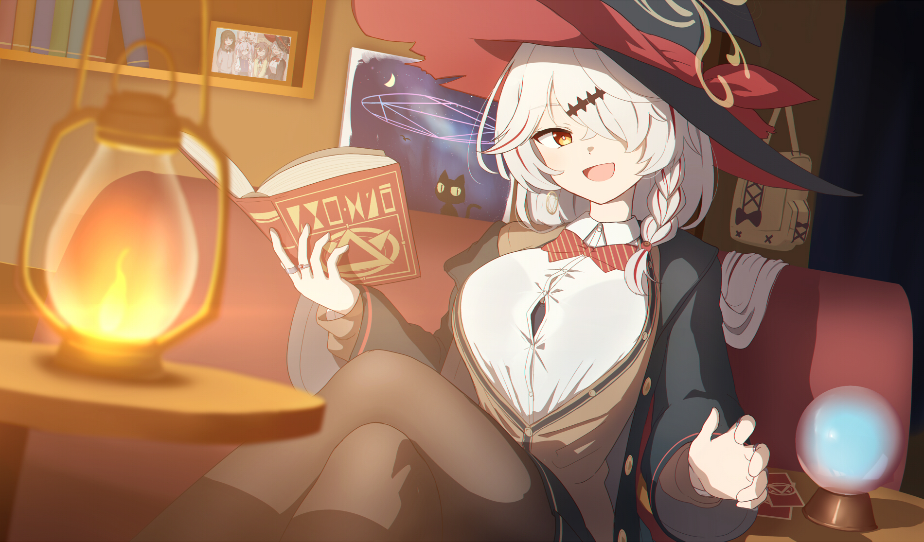 hamachikichiki, eri (blue archive), kanoe (blue archive), rena (blue archive), tsumugi (blue archive), blue archive, commentary request, highres, 1girl, bag, black hat, black jacket, black pantyhose, black skirt, blurry, book, bookshelf, bow, bowtie, braid, breasts, button gap, collared shirt, couch, crossed bangs, crossed legs, crystal ball, curtains, depth of field, diagonal-striped bow, diagonal-striped bowtie, diagonal-striped clothes, dutch angle, gold trim, hair over one eye, halo, hand up, hat, hat ribbon, head tilt, holding, holding book, indoors, jacket, lamp, large breasts, long hair, long sleeves, looking at viewer, multicolored hair, oil lamp, on couch, open book, open clothes, open jacket, open mouth, pantyhose, picture frame, pleated skirt, red bow, red bowtie, red ribbon, red streaks, red trim, ribbon, shirt, side halo, single braid, sitting, skirt, smile, solo, streaked hair, striped bow, striped bowtie, striped clothes, table, thighs, two-sided fabric, two-sided headwear, unbuttoned jacket, very long hair, white hair, white shirt, witch, witch hat, yellow halo