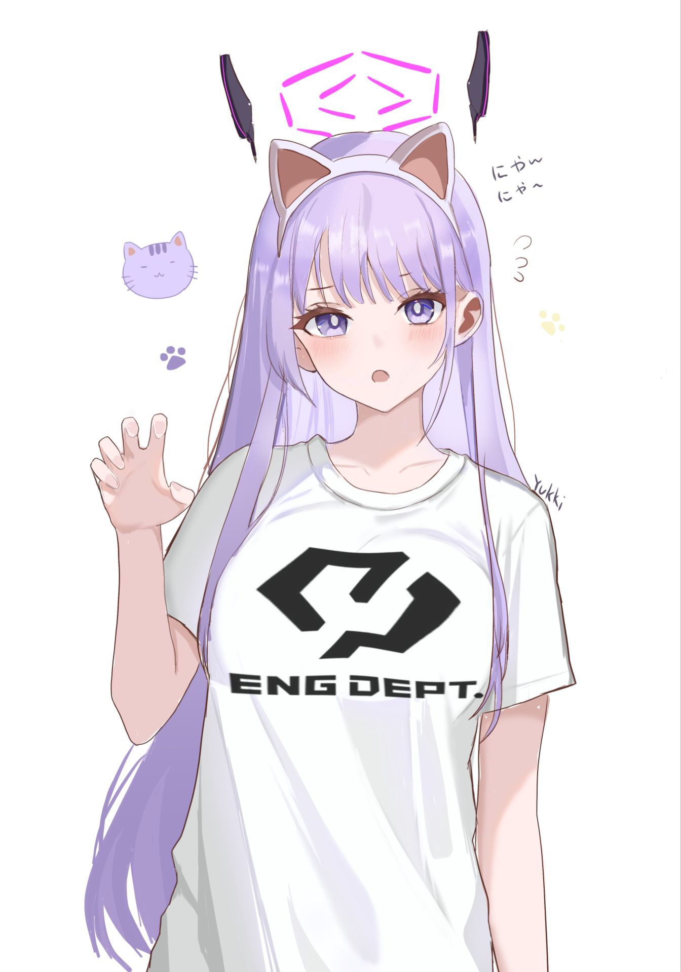 yukki83130530, utaha (blue archive), blue archive, commentary, highres, 1girl, :o, animal ear hairband, animal ears, artist name, blush, breasts, cat ear hairband, cat ears, claw pose, collarbone, fake animal ears, flying sweatdrops, hairband, halo, logo print, long hair, looking at viewer, medium breasts, paw print, print shirt, purple hair, shirt, short sleeves, simple background, solo, straight hair, t-shirt, upper body, very long hair, white background, white shirt
