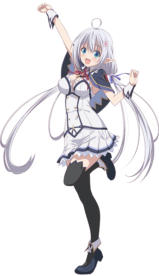 noguchi takayuki, ireena litz de olhyde, shijou saikyou no daimaou murabito a ni tensei suru, official art, 1girl, :d, ahoge, anime coloring, arm up, black thighhighs, blue eyes, blue shoes, blush, breasts, capelet, cleavage, clenched hands, crossed bangs, dress, elf, flats, full body, grey capelet, grey hair, hair between eyes, hair ornament, hair ribbon, hairclip, hand up, large breasts, leg up, long hair, looking at viewer, low twintails, open mouth, pointy ears, red ribbon, ribbon, shoes, simple background, smile, solo, standing, strapless, strapless dress, teeth, thighhighs, thighs, transparent background, twintails, very long hair, white dress, wrist cuffs