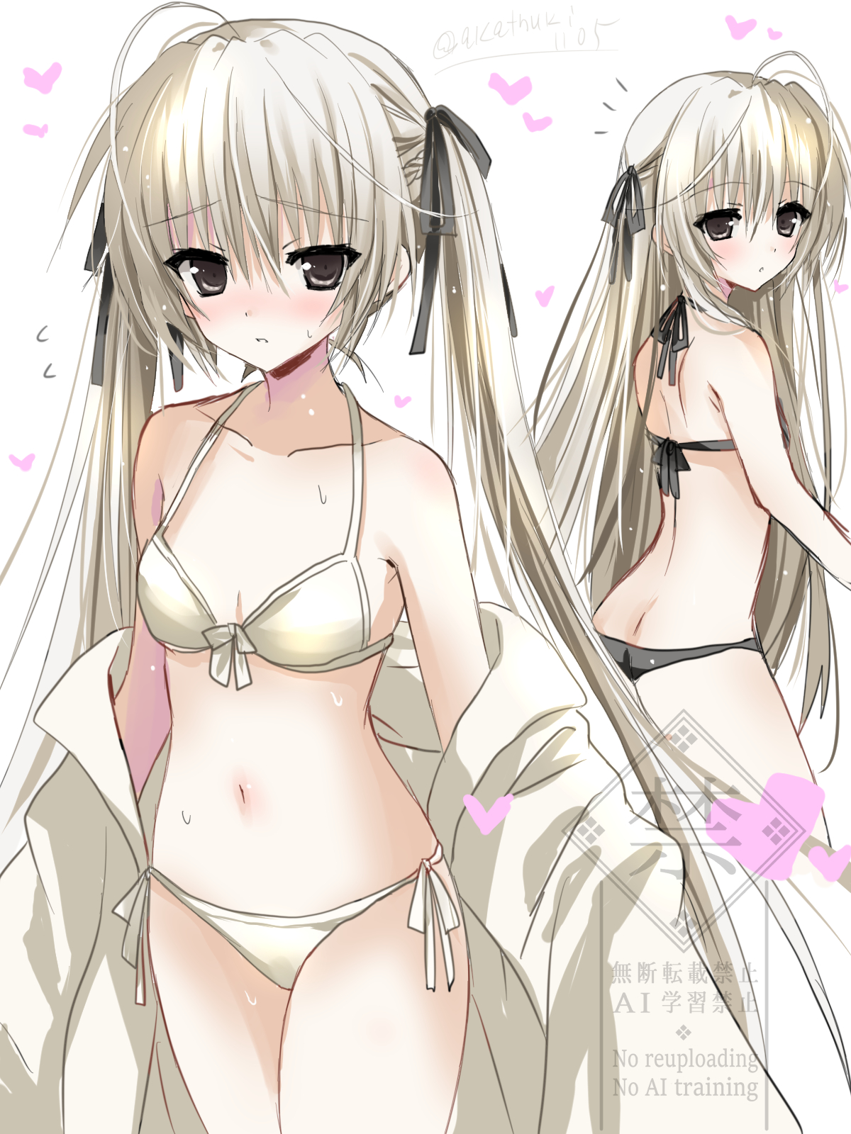 akatsuki (ggsy7885), kasugano sora, yosuga no sora, commentary, highres, 1girl, ahoge, alternate costume, ass, back, bare shoulders, bikini, black bikini, black ribbon, blush, bow, bow bikini, breasts, brown eyes, cleavage, collarbone, cowboy shot, embarrassed, eyes visible through hair, flying sweatdrops, grey hair, hair between eyes, hair over shoulder, hair ribbon, halterneck, heart, long hair, looking at viewer, multiple views, navel, nose blush, notice lines, parted lips, ribbon, side-tie bikini bottom, sidelocks, simple background, small breasts, stomach, straight hair, swimsuit, twintails, twitter username, very long hair, watermark, wet, white background, white bikini, white bow