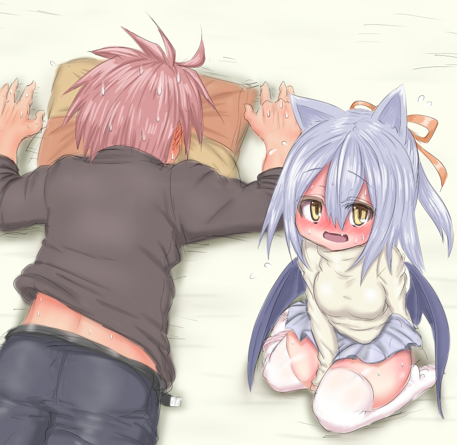 rafoll, emil chronicle online, 1boy, 1girl, animal ears, bat ears, bat girl, bat wings, black pants, black shirt, blue hair, blush, breasts, caught, curvy, delucky alma, fang, grey skirt, lying, medium breasts, nose blush, on stomach, open mouth, orange ribbon, pants, pink hair, ribbon, seiza, shirt, sitting, skirt, sweatdrop, thighhighs, undressing, white shirt, white thighhighs, wings, yellow eyes