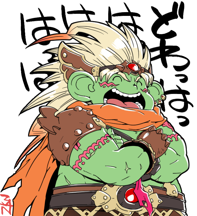 zkn, dragon quest, dragon quest x, commentary request, 1boy, arm tattoo, armor, blonde hair, brown gloves, closed eyes, colored skin, crossed arms, cub (dq10), earrings, gem, gloves, green skin, jewelry, large ears, long hair, male focus, marking on cheek, multiple piercings, muscular, muscular male, open mouth, orange scarf, pauldrons, red gemstone, scar, scar on arm, scarf, shoulder armor, single glove, smile, solo, spiked hair, tattoo, upper body, white background, winged headwear