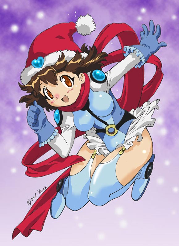 nishida asako, suzuki nana, shichinin no nana, 00s, 1girl, blue gloves, brown eyes, brown hair, christmas, female focus, gloves, hat, red scarf, santa hat, scarf, solo, thighhighs