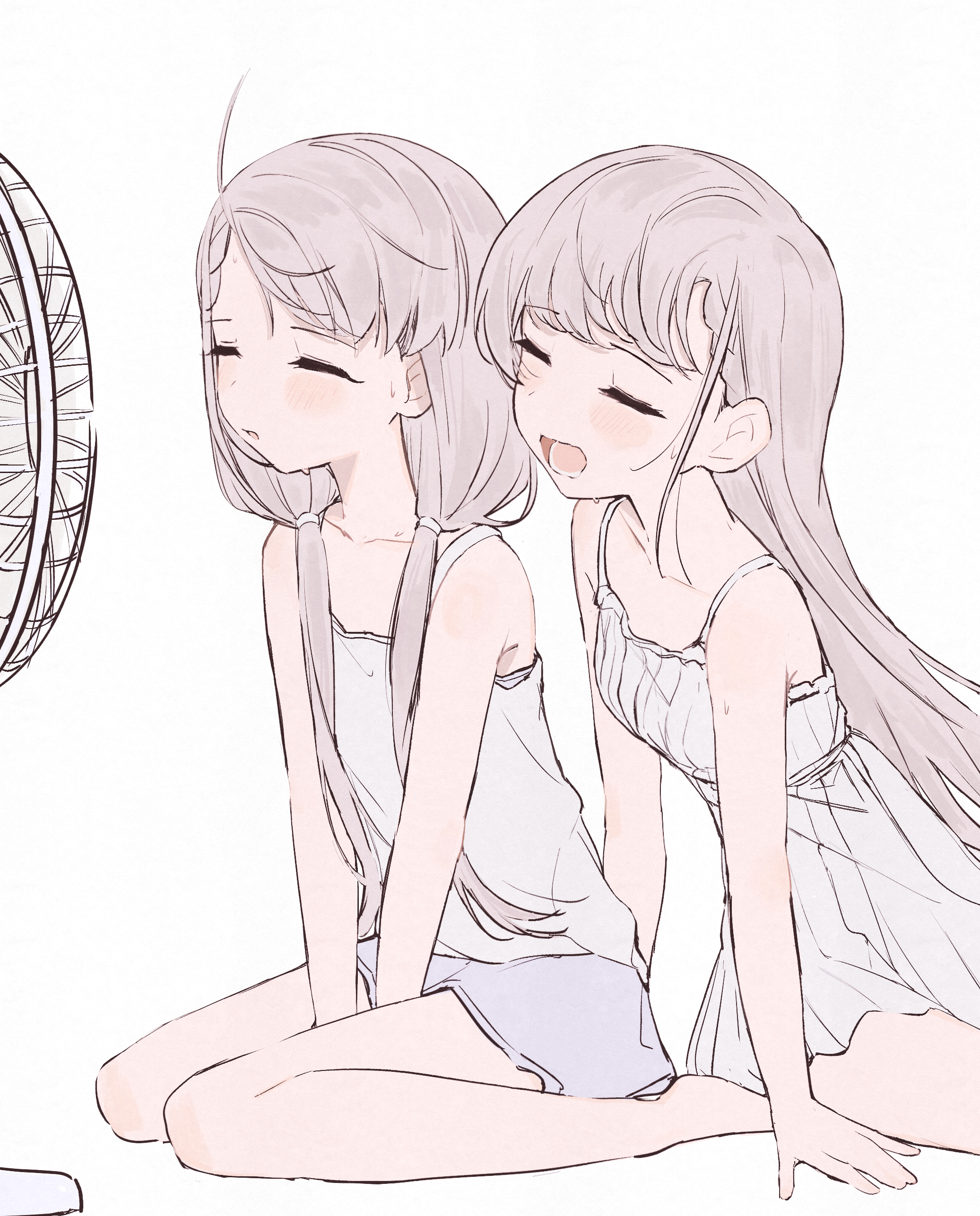tsuchi (sh spica1), hisakawa hayate, hisakawa nagi, idolmaster, idolmaster cinderella girls, absurdres, commentary request, highres, 2girls, asymmetrical bangs, blush, braid, braided bangs, camisole, closed eyes, collarbone, dress, electric fan, fanning, grey shorts, long hair, multiple girls, open mouth, shorts, siblings, simple background, sisters, sitting, straight hair, sweat, twins, twintails, very long hair, wariza, white background, white camisole, white dress