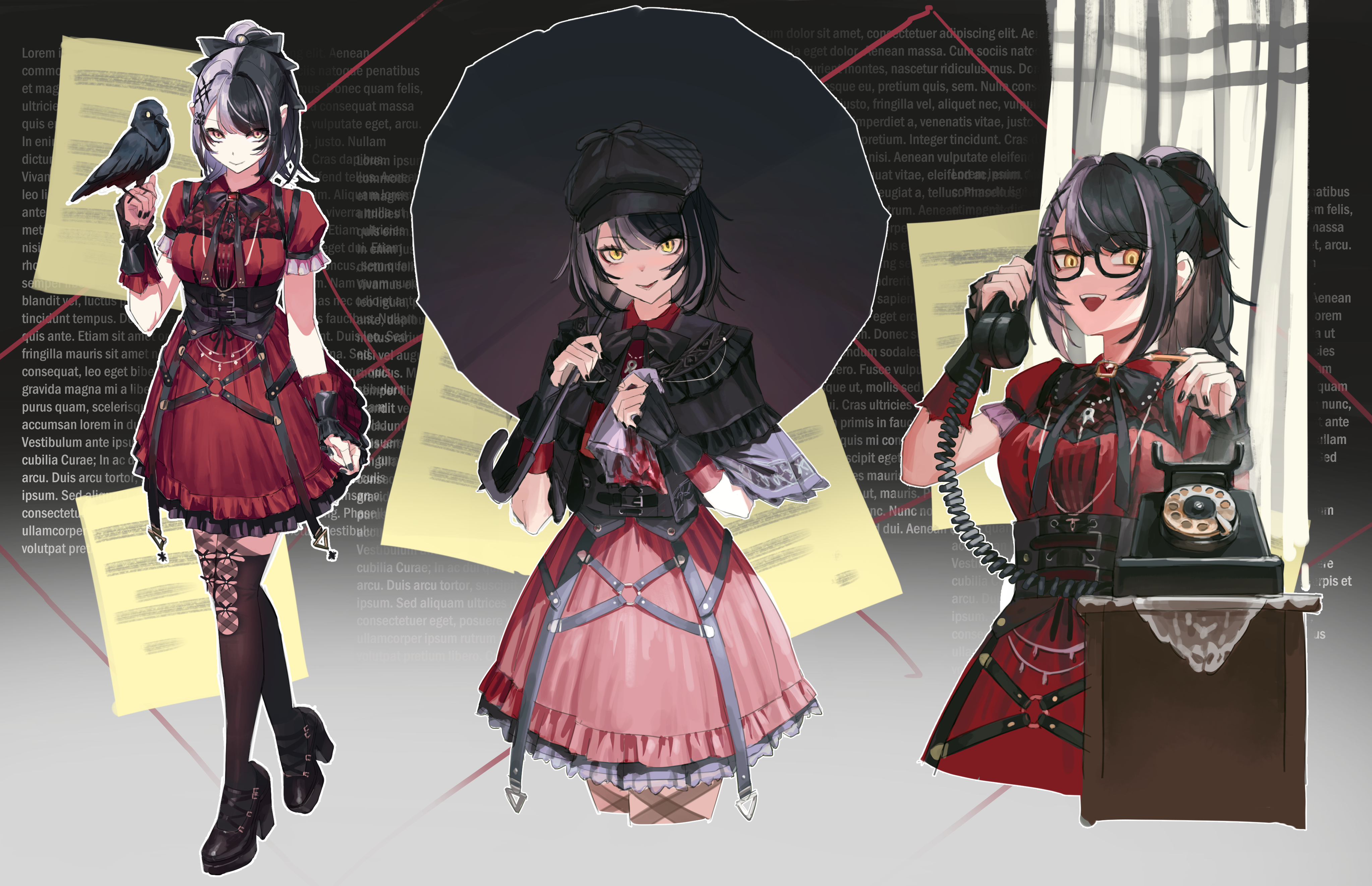 mcking, shiori novella, shiori novella (casual), hololive, hololive english, absurdres, commentary, english commentary, highres, 1girl, antique phone, bird, bird on hand, black-framed eyewear, black bow, black bowtie, black capelet, black corset, black hair, black hat, black nails, black shoes, black thighhighs, bow, bowtie, breasts, capelet, closed mouth, corded phone, corset, cropped legs, crow, deerstalker, dress, fingernails, frilled capelet, frills, full body, glasses, grey hair, hair ornament, hat, holding, holding pencil, holding phone, holding umbrella, large breasts, long fingernails, long hair, looking at viewer, multicolored hair, multiple views, official alternate costume, official alternate hairstyle, open mouth, parted lips, pencil, phone, ponytail, puffy short sleeves, puffy sleeves, red dress, rotary phone, shoes, short sleeves, smile, split-color hair, standing, talking on phone, thighhighs, two-tone hair, umbrella, umbrella over shoulder, virtual youtuber, yellow eyes