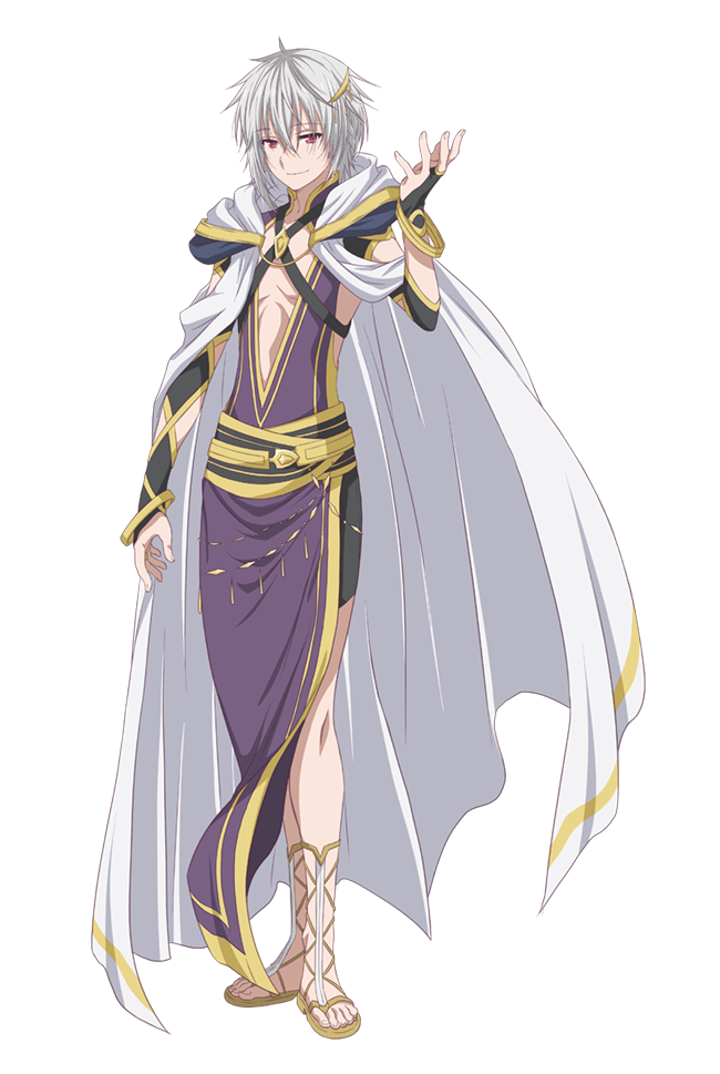 noguchi takayuki, shijou saikyou no daimaou murabito a ni tensei suru, official art, 1boy, anime coloring, armlet, bike shorts, black sash, bob cut, cloak, closed mouth, collared shirt, crossed bangs, full body, grey hair, hair between eyes, hair ornament, hand up, jewelry, looking at viewer, open hand, red eyes, sandals, sash, shirt, short hair, simple background, smile, solo, spread fingers, standing, transparent background, varvatos (shijou saikyou no daimaou), white cloak, white sandals
