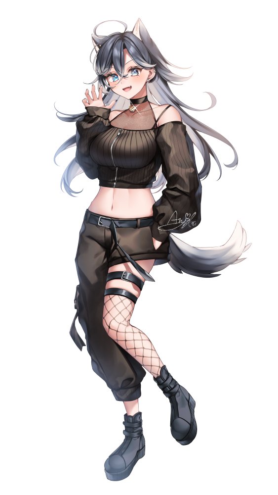 anzu 1026, indie virtual youtuber, commentary request, 1girl, ahoge, animal ear fluff, animal ears, asymmetrical clothes, bare shoulders, belt, black boots, boots, breasts, comai asaka, fishnet thighhighs, fishnets, full body, grey hair, hand up, long hair, long sleeves, looking at viewer, navel, open mouth, simple background, single pantsleg, smile, solo, standing, tail, thigh strap, thighhighs, virtual youtuber, white background