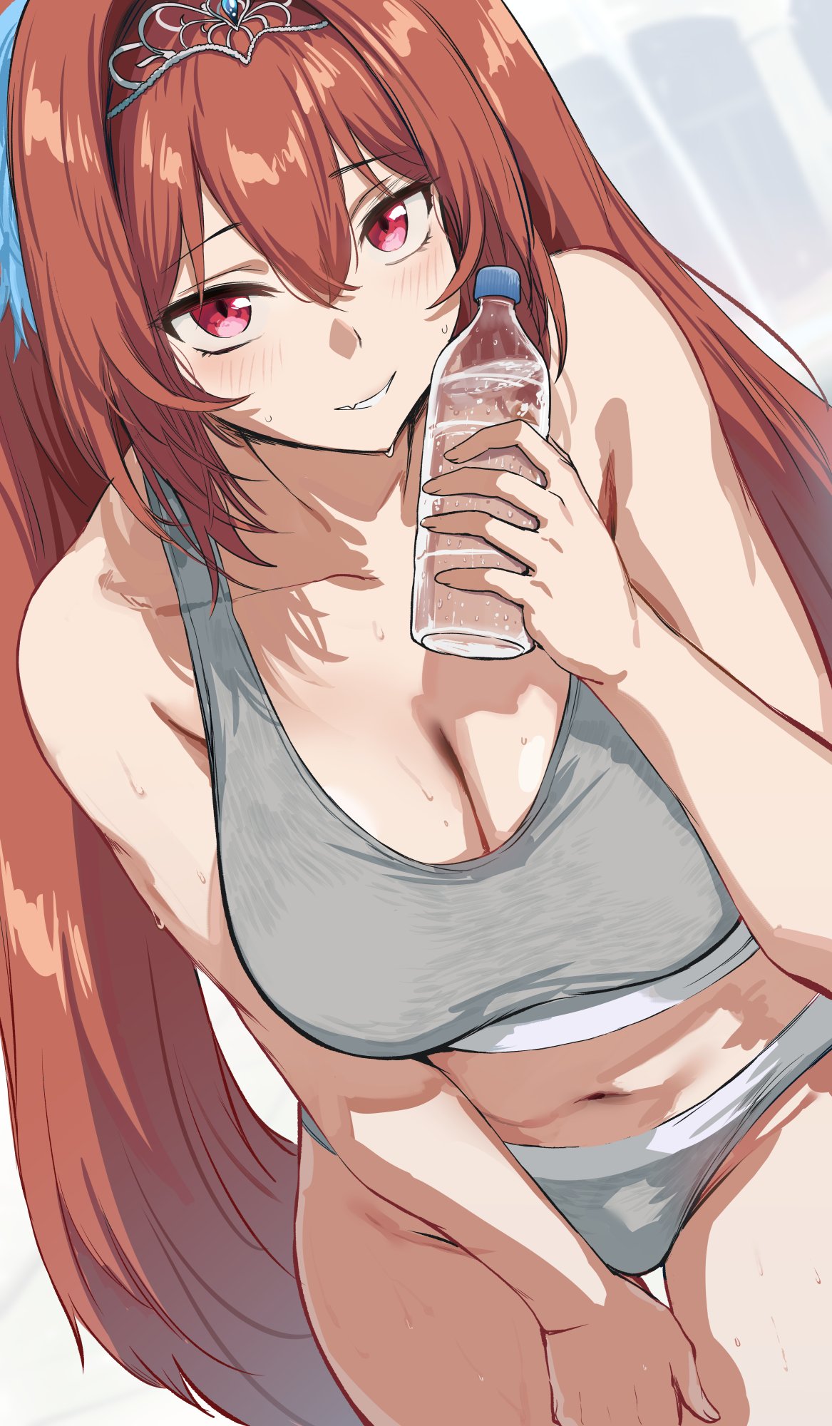 hews, daiwa scarlet (umamusume), umamusume, highres, 1girl, bare shoulders, blush, bottle, breasts, brown hair, cleavage, grey panties, grey sports bra, grin, hair intakes, horse girl, large breasts, long hair, looking at viewer, navel, panties, red eyes, smile, solo, sports bra, thighs, tiara, twintails, underwear, very long hair, water bottle