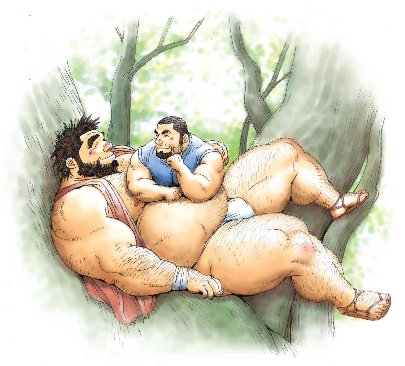 jiraiya (mangaka), original, highres, 2boys, ^ ^, abs, bara, bare pectorals, beard, beard stubble, blush, bulge, buzz cut, closed eyes, couple, facial hair, from side, full beard, full body, hairy, huge pectorals, large pectorals, lying on person, male focus, mature male, medium sideburns, multiple boys, muscular, muscular male, mustache stubble, navel, navel hair, nipples, on tree, pectorals, profile, shirt, short hair, sideburns stubble, size difference, sleeveless, sleeveless shirt, slippers, smile, sparse chest hair, sparse leg hair, sparse navel hair, spiked hair, spread legs, standing, stomach, strongman waist, stubble, thick arm hair, thick beard, thick eyebrows, thick thighs, thighs, topless male, very short hair, yaoi