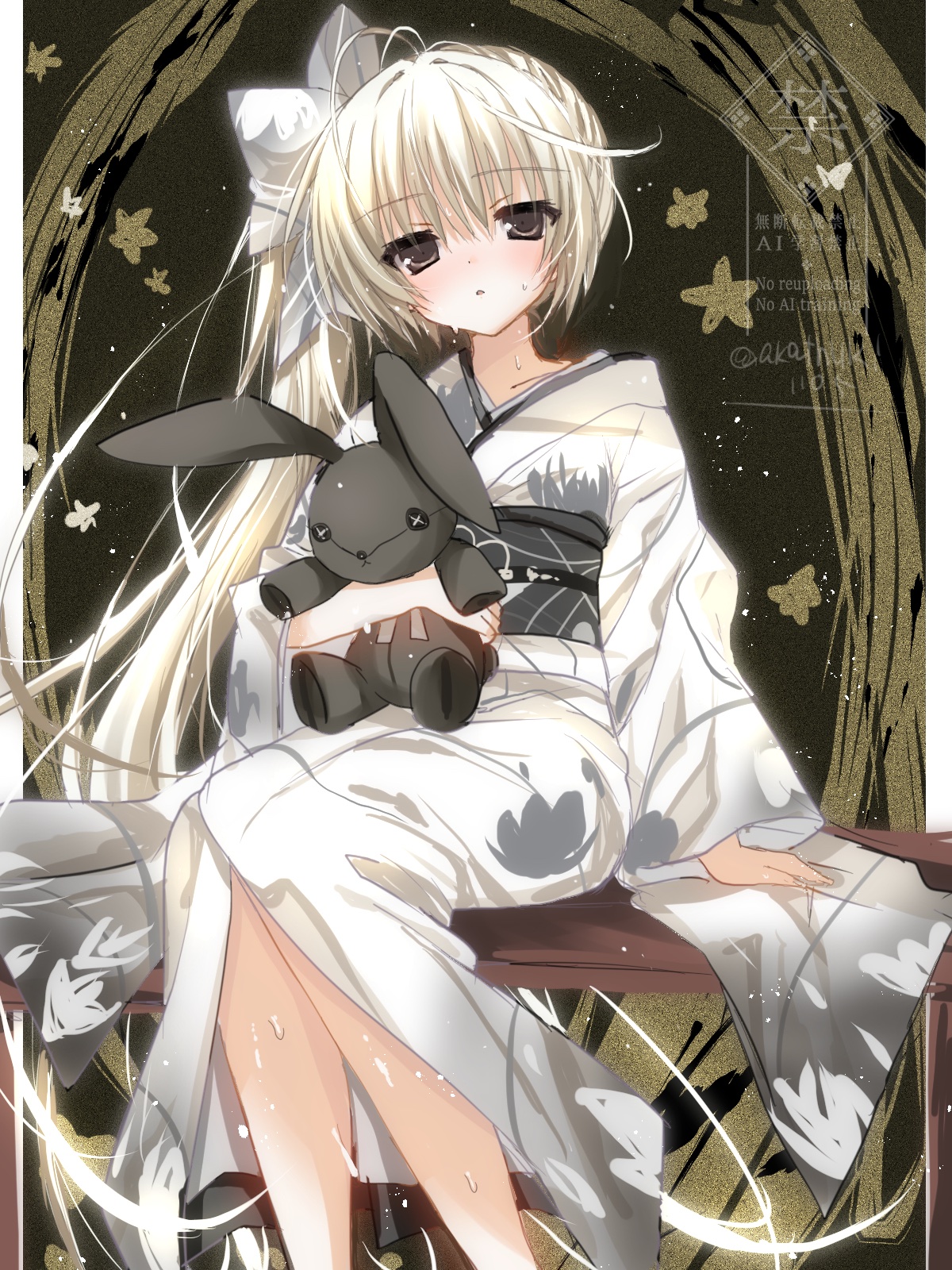 akatsuki (ggsy7885), kasugano sora, yosuga no sora, hashtag-only commentary, highres, 1girl, alternate costume, alternate hairstyle, antenna hair, arm at side, black sash, blonde hair, blush, bow, brown background, brown eyes, eyes visible through hair, feet out of frame, film grain, hair between eyes, hair bow, hand up, holding, holding stuffed toy, japanese clothes, kimono, long hair, long sleeves, looking at viewer, open mouth, sash, side ponytail, simple background, sitting, solo, straight hair, stuffed animal, stuffed rabbit, stuffed toy, sweat, twitter username, very long hair, watermark, white bow, white kimono, wide sleeves, yukata