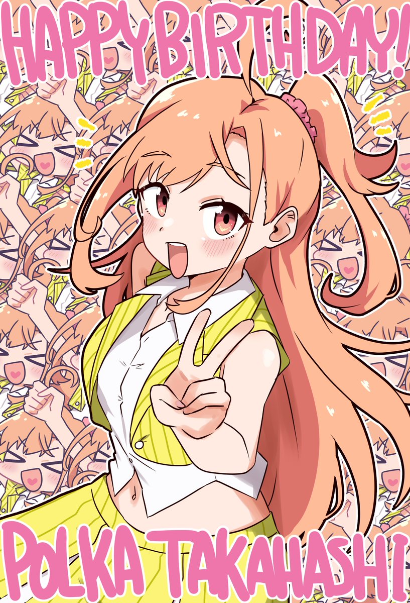 kanzaki gou, takahashi polka, ikizulive! love live! bluebird, love live!, commentary request, highres, > <, 1girl, :d, blush, chibi, collared shirt, hair ornament, hair scrunchie, happy birthday, jacket, long hair, looking at viewer, midriff, official alternate costume, one side up, open clothes, open jacket, open mouth, orange eyes, orange hair, pink scrunchie, pinstripe jacket, pinstripe pattern, pinstripe skirt, recurring image, scrunchie, shirt, sidelocks, skirt, sleeveless, sleeveless jacket, smile, v, v-shaped eyebrows, very long hair, what is my life? (love live!), white shirt, xd, yellow jacket, yellow skirt