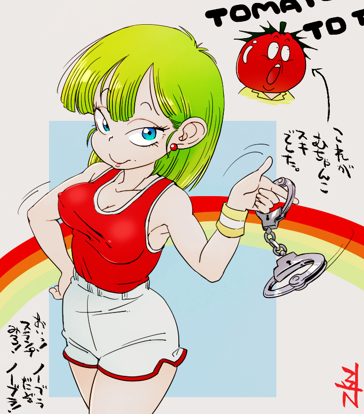 zkn, commentary request, translation request, 1boy, 1girl, akai tomato, blue eyes, breasts, cleavage, covered erect nipples, cowboy shot, cuffs, earrings, green hair, gyaru keiji tomato, hand on own hip, handcuffs, holding, holding handcuffs, jewelry, long hair, medium breasts, mole, mole under mouth, motion lines, object head, open mouth, red tank top, red trim, shirt tucked in, shorts, solo focus, sphere earrings, tank top, white shorts, wristband