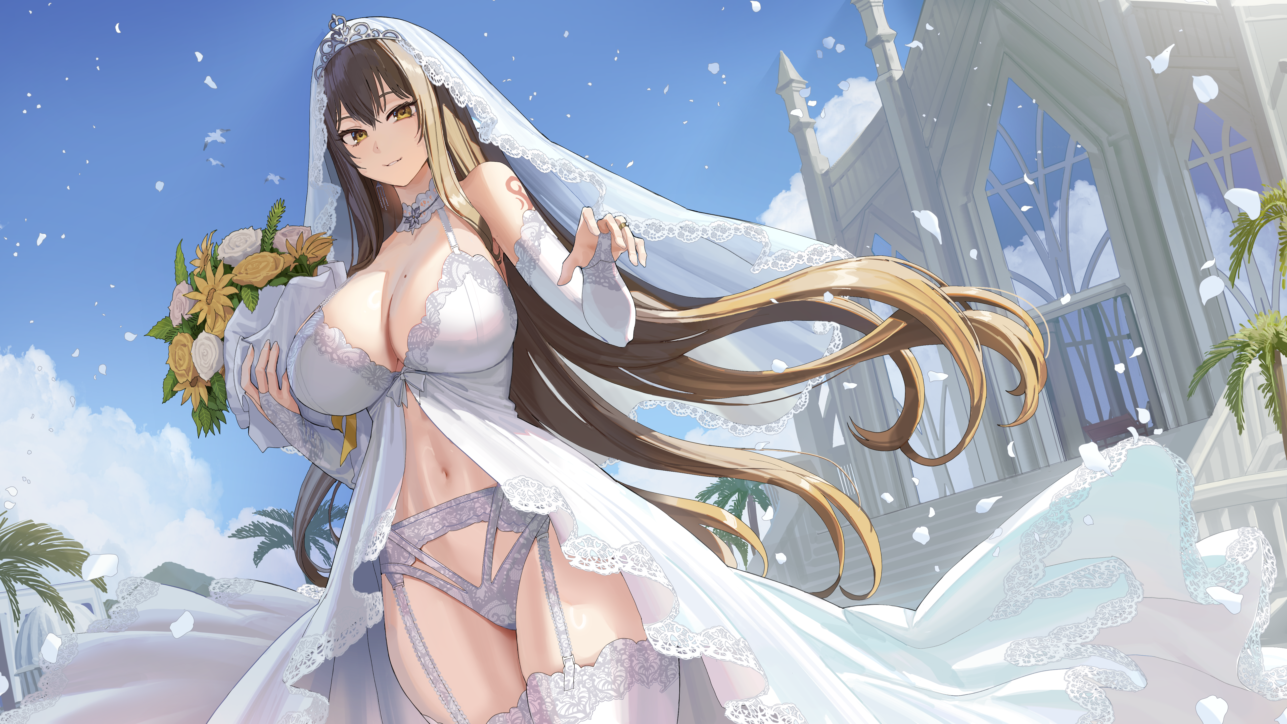 goback, original, absurdres, commission, highres, pixiv commission, 1girl, blue sky, bouquet, breasts, bridal gauntlets, bridal veil, bride, brown eyes, brown hair, church, cloud, cowboy shot, crossed bangs, day, dress, falling petals, floating hair, flower, garter belt, grin, hair between eyes, holding, holding bouquet, large breasts, long hair, looking at viewer, mole, mole on breast, multi-strapped panties, navel, outdoors, palm tree, panties, petals, rose, shoulder tattoo, sky, smile, solo, standing, tattoo, thighhighs, tiara, tree, underwear, veil, very long hair, white dress, white flower, white garter belt, white panties, white rose, white thighhighs, yellow flower, yellow rose