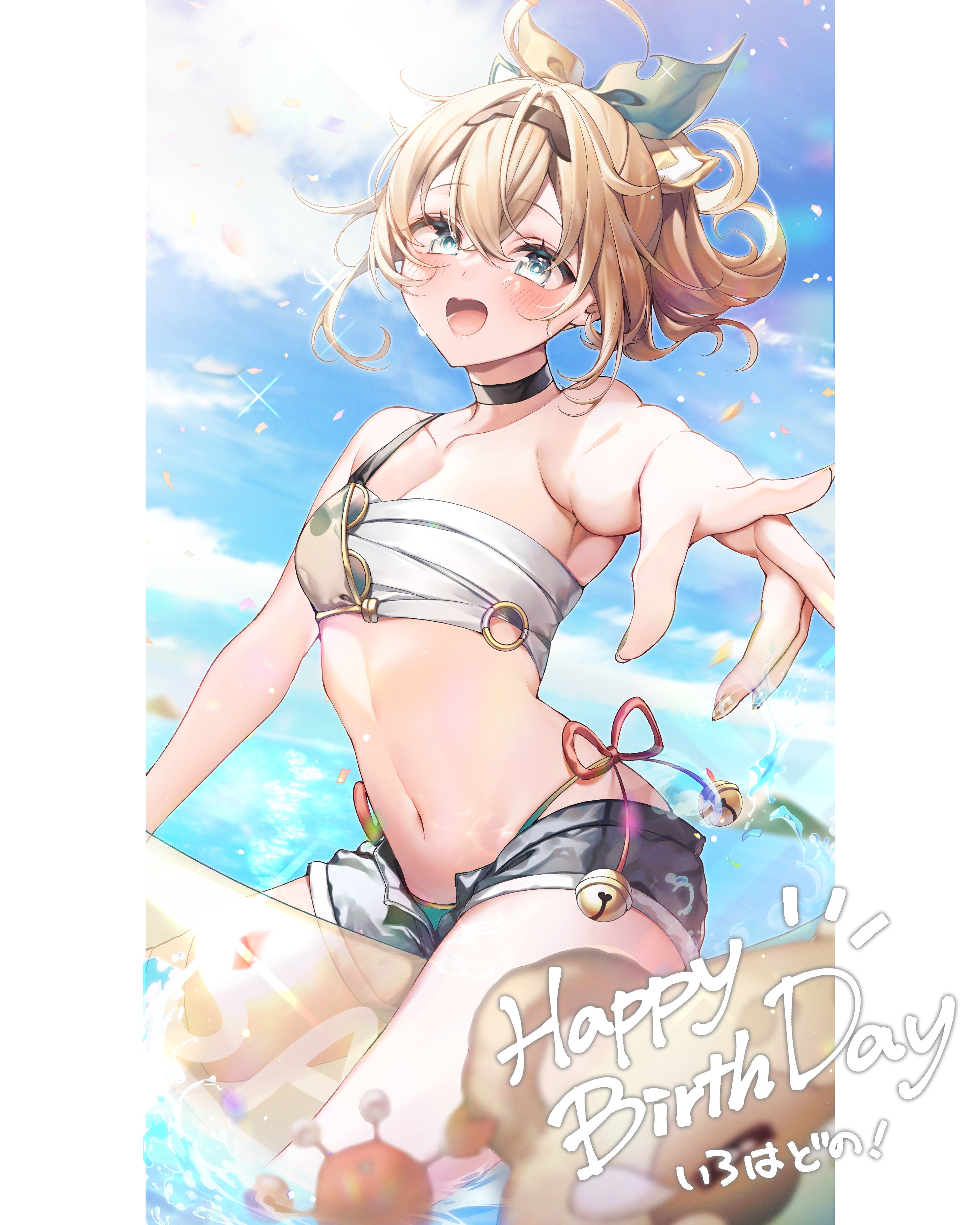 anzu 1026, kazama iroha, hololive, absurdres, commentary request, highres, 1girl, black shorts, blonde hair, blue eyes, blue sky, blush, breasts, chest sarashi, cleavage, cloud, collarbone, day, hair between eyes, hair ornament, hairband, happy birthday, long hair, looking at viewer, medium breasts, navel, ocean, open mouth, outdoors, ponytail, sarashi, shorts, sky, smile, solo, virtual youtuber, water
