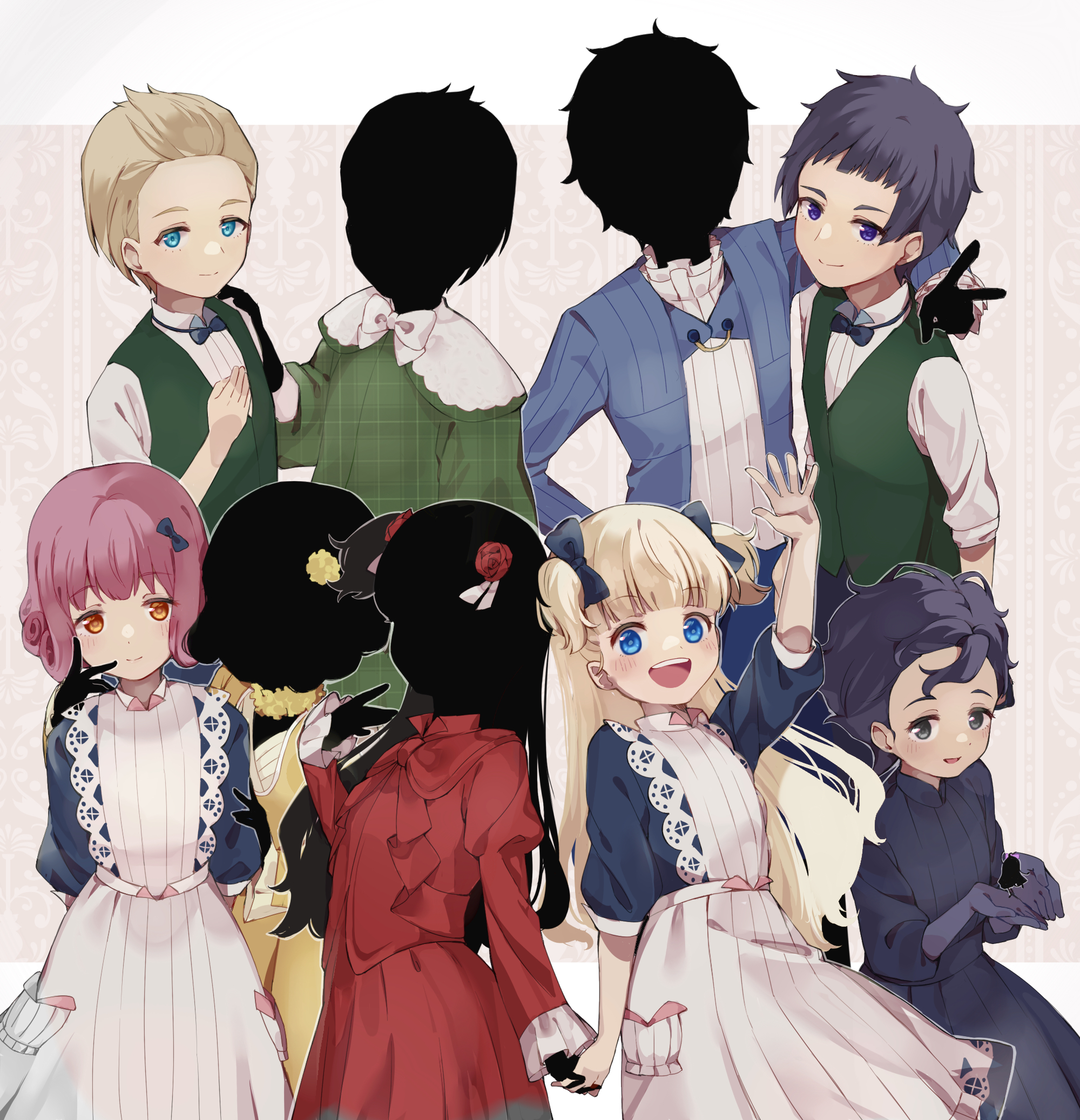 yomo (yomooo1313), emilico (shadows house), john (shadows house), kate (shadows house), lou (shadows house), louise (shadows house), ram (shadows house), shadow (shadows house), shaun (shadows house), shirley (shadows house), shadows house, highres, spoilers, 4boys, 5girls, :d, apron, black dress, black hair, blonde hair, blue eyes, brown eyes, dress, elbow gloves, gloves, grey eyes, hair ornament, hand on own chest, holding hands, lace-trimmed apron, lace trim, living doll uniform, long hair, multiple boys, multiple girls, open mouth, purple eyes, red hair, smile, two side up, v, waving