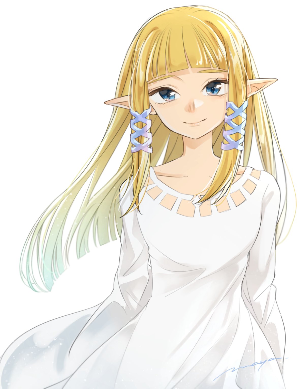 maya (mayamayammy), princess zelda, nintendo, the legend of zelda, the legend of zelda: skyward sword, commentary request, highres, 1girl, blonde hair, blue eyes, blunt bangs, closed mouth, collarbone, dress, long hair, long sleeves, looking at viewer, pointy ears, sidelocks, signature, simple background, smile, solo, upper body, white background, white dress