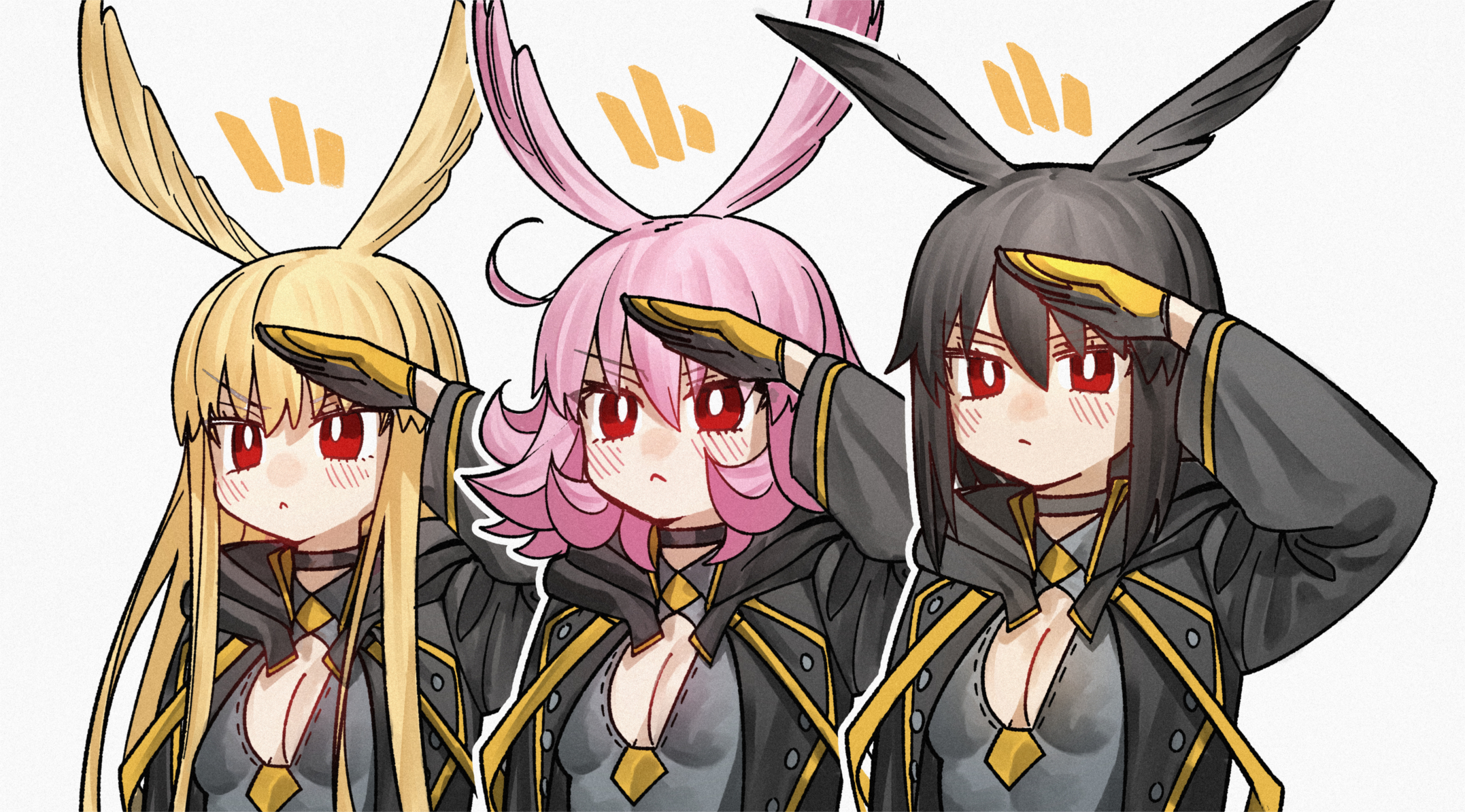 kamisato sora, hildr (fate), hildr (swimsuit assassin) (fate), ortlinde (fate), ortlinde (swimsuit assassin) (fate), thrud (fate), thrud (swimsuit assassin) (fate), valkyrie (fate), fate/grand order, fate (series), highres, 3girls, :<, black choker, black gloves, black hair, black jacket, black one-piece swimsuit, blonde hair, blush, breasts, buttons, choker, cleavage, cleavage cutout, clothing cutout, double-breasted, gloves, hair wings, head wings, hood, hooded jacket, jacket, lineup, long hair, looking at viewer, medium breasts, multicolored gloves, multicolored jacket, multicolored one-piece swimsuit, multiple girls, no headwear, one-piece swimsuit, open clothes, open jacket, pink hair, red eyes, salute, short hair, sidelocks, simple background, standing, striped blush, swimsuit, two-tone gloves, two-tone jacket, two-tone one-piece swimsuit, upper body, white background, wings, yellow gloves, yellow jacket, yellow one-piece swimsuit
