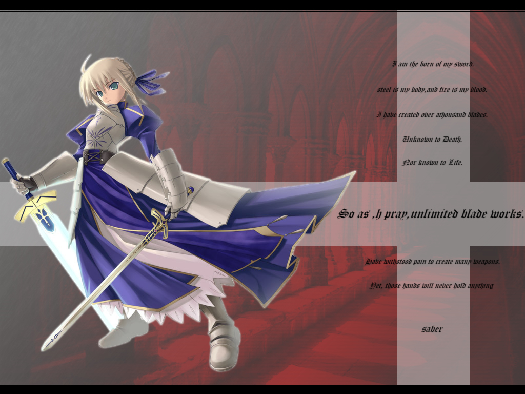 artoria pendragon (fate), saber (fate), fate/stay night, fate (series), 00s, 1girl, armor, armored dress, blonde hair, dress, english text, engrish text, faulds, female focus, green eyes, ranguage, solo, sword, unlimited blade works (reality marble), weapon
