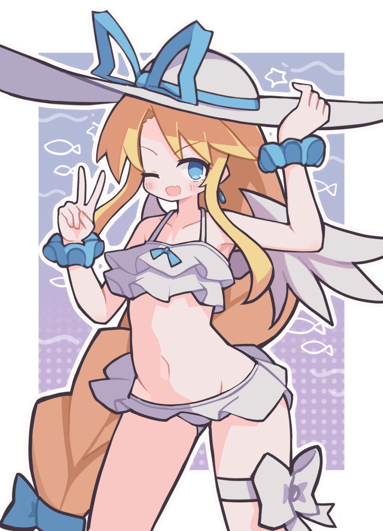 suaman, flonne, disgaea, disgaea rpg, commentary, highres, 1girl, ;d, bikini, blonde hair, blue background, blue eyes, blue ribbon, blue scrunchie, blush, border, collarbone, cowboy shot, hand on headwear, hand up, hat, hat ribbon, long hair, looking at viewer, navel, one eye closed, open mouth, outline, outside border, parted bangs, ribbon, scrunchie, smile, solo, swimsuit, thigh strap, v, white bikini, white border, white hat, white outline, wrist scrunchie