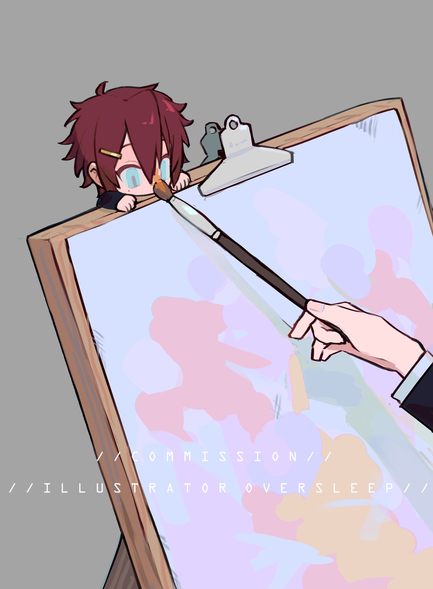 oversleep, original, highres, 1boy, blue eyes, canvas (object), chibi, chibi only, easel, english text, grey background, hair between eyes, hair ornament, hairclip, holding, holding paintbrush, long sleeves, male focus, mini person, miniboy, paintbrush, painting (action), red hair, short hair, simple background