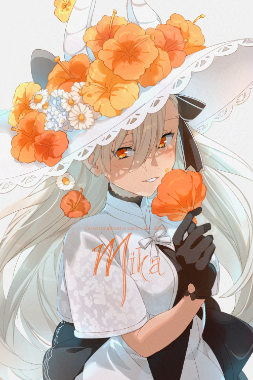 echo (circa), olga marie animusphere, u-olga marie, u-olga marie (first ascension), fate/grand order, fate (series), 1girl, asymmetrical bangs, black dress, black gloves, breasts, dress, flower, gloves, hair ribbon, hat, hat flower, long hair, looking at viewer, medium breasts, orange eyes, parted lips, ribbon, smile, solo, sun hat, two-tone dress, very long hair, white dress, white hair, white hat