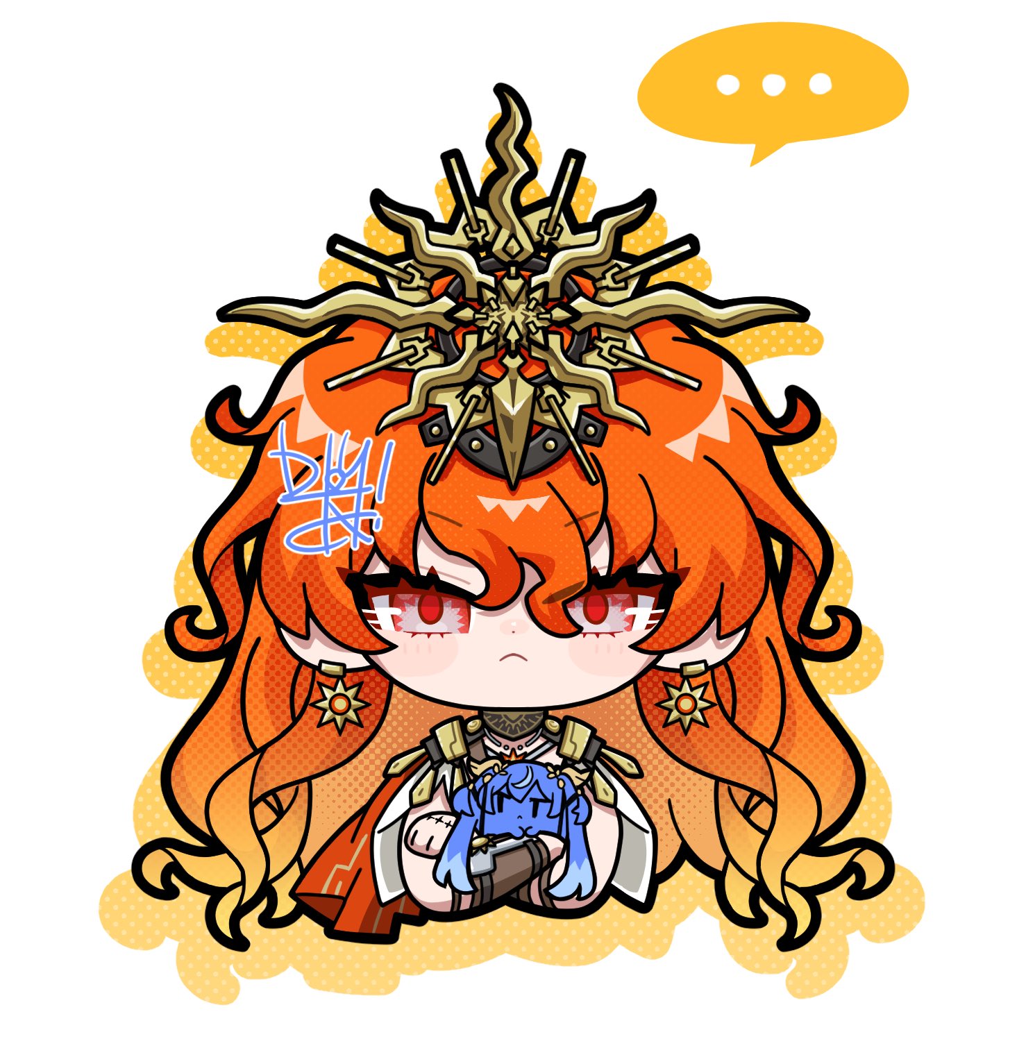 dog-san, augusta (wuthering waves), iuno (wuthering waves), wuthering waves, commentary, highres, symbol-only commentary, …, 1girl, animalization, closed mouth, earrings, gradient hair, hair between eyes, headgear, holding, jewelry, long hair, looking at viewer, multicolored hair, necklace, orange hair, red eyes, simple background, solo, spoken ellipsis, straight-on, sun earrings, tacet mark (wuthering waves), white background