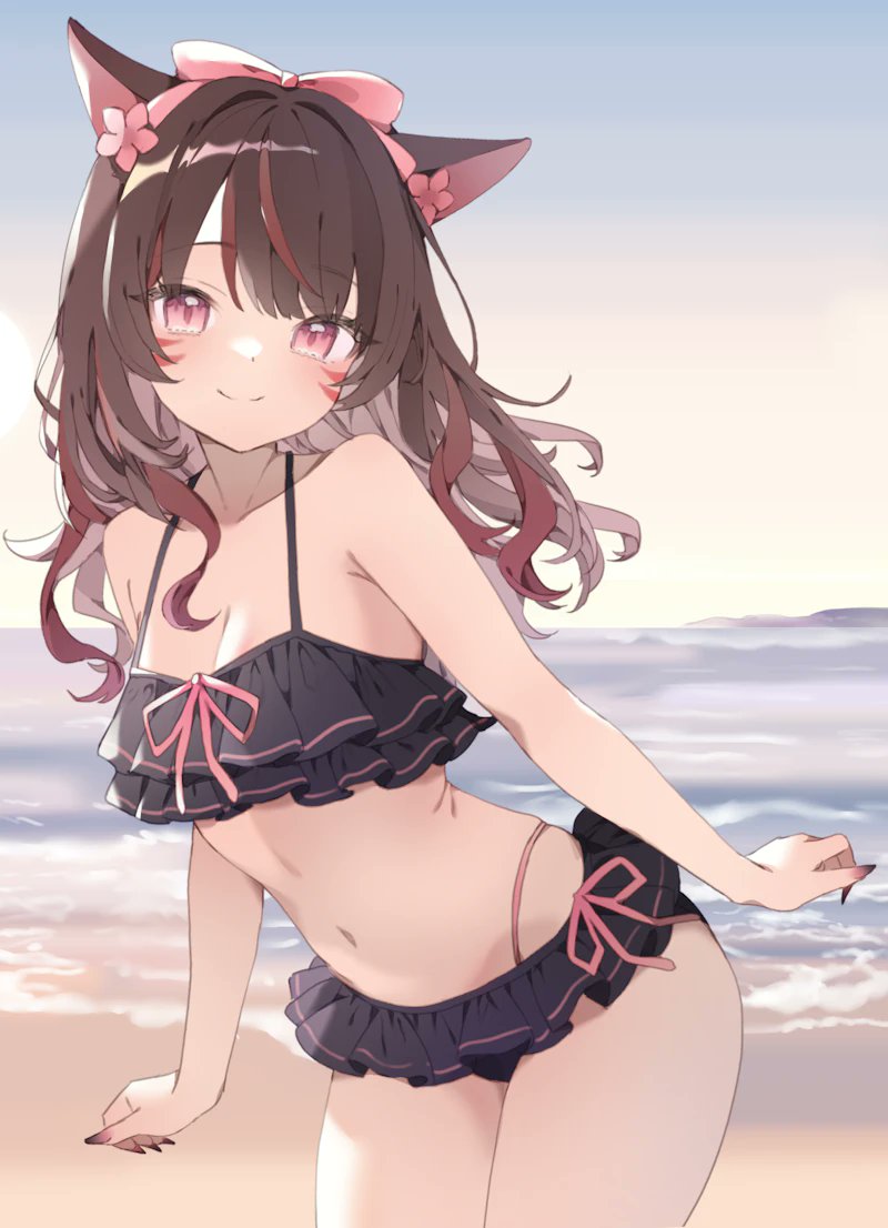 re re merry, original, commentary, commission, 1girl, animal ears, beach, bikini, black bikini, blush, breasts, brown hair, cat ears, cat girl, cat tail, cleavage, closed mouth, collarbone, cowboy shot, day, long hair, looking at viewer, medium breasts, multicolored hair, navel, ocean, outdoors, pink eyes, red hair, smile, solo, streaked hair, swimsuit, tail
