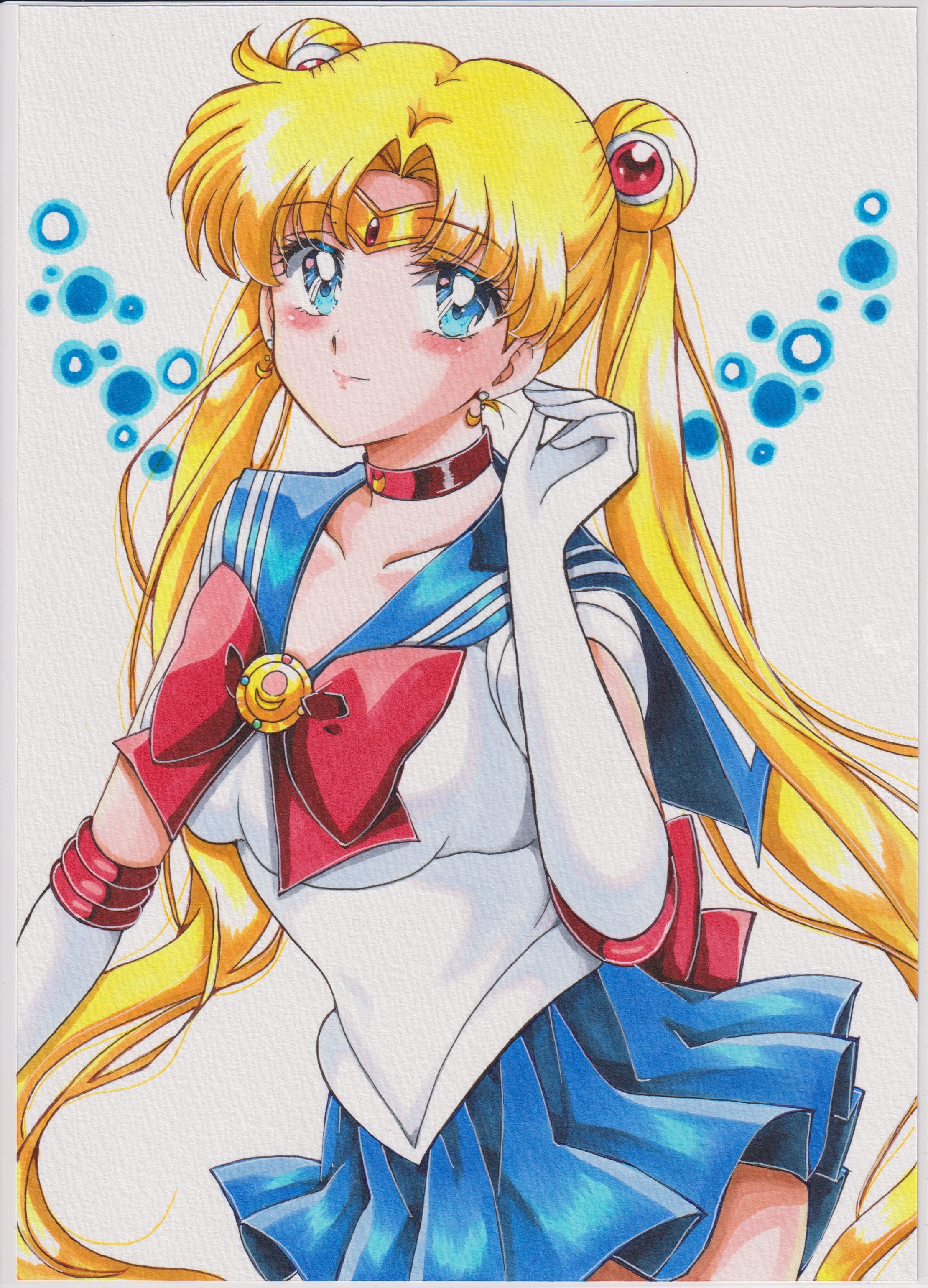 chikoto (kztc4472), sailor moon, tsukino usagi, bishoujo senshi sailor moon, absurdres, highres, 1girl, blonde hair, blue eyes, blue sailor collar, bow, choker, collarbone, double bun, earrings, elbow gloves, gloves, hair bun, hair ornament, jewelry, long hair, looking at viewer, red choker, sailor collar, sailor senshi uniform, skirt, smile, solo, transformation brooch (sailor moon), twintails, white gloves
