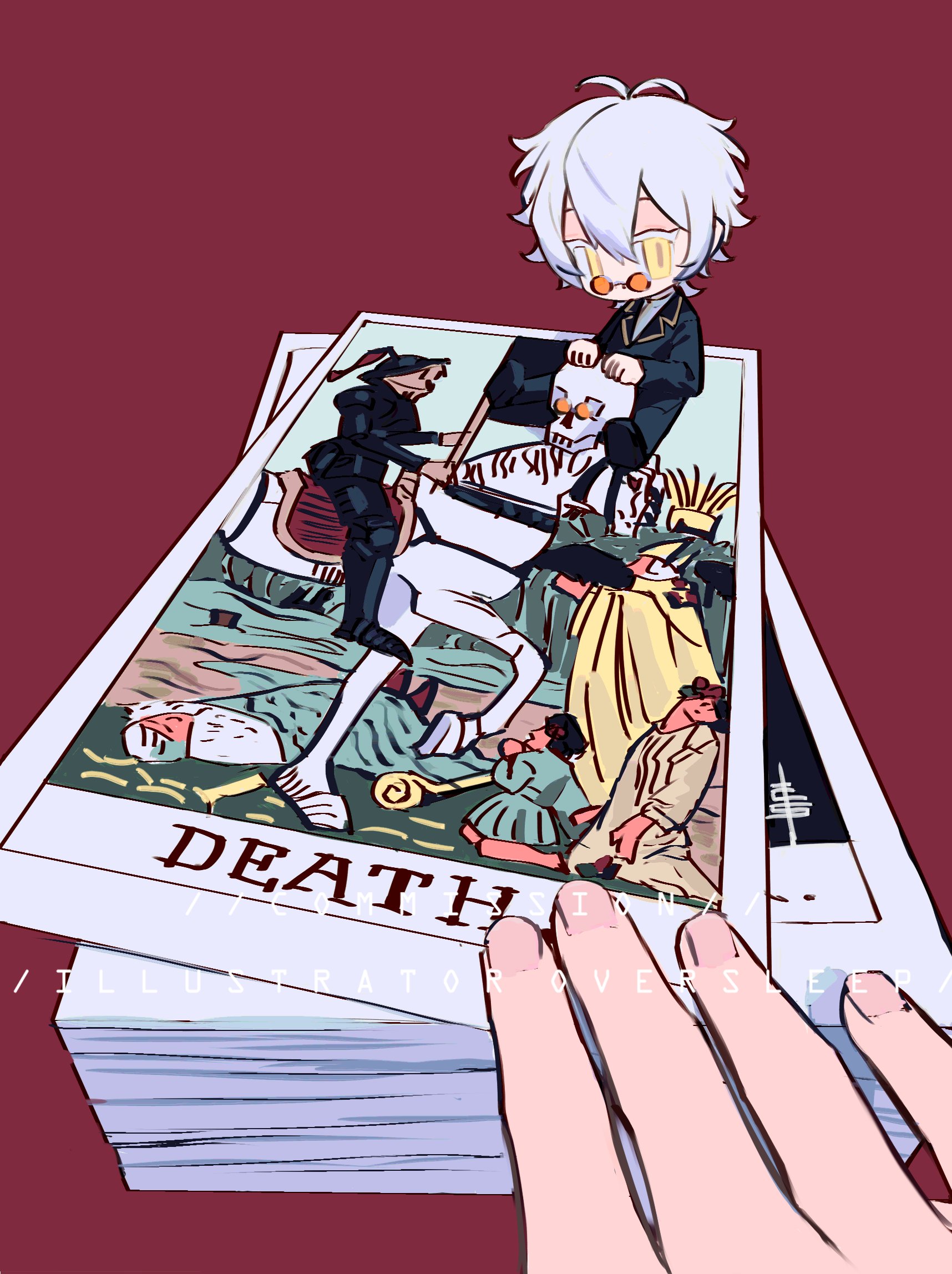 oversleep, original, highres, 1boy, black suit, box, chibi, chibi only, collared shirt, english text, formal clothes, full body, hair between eyes, jacket, long sleeves, male focus, mini person, miniboy, multiple boys, necktie, postcard, red background, shirt, shoes, short hair, simple background, suit, suit jacket, sunglasses, white hair, yellow eyes