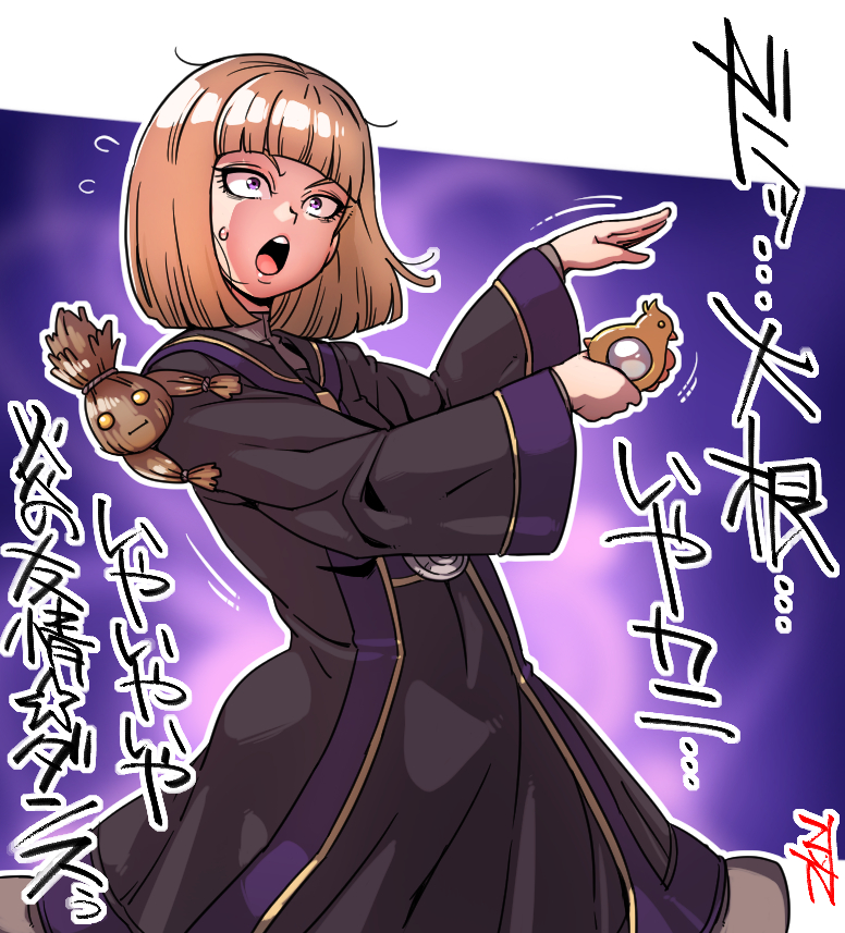 zkn, dragon quest, dragon quest x, commentary request, translation request, 1girl, black robe, blonde hair, blunt bangs, blunt ends, border, flying sweatdrops, gold trim, historica (dq10), medium hair, motion lines, open mouth, purple eyes, purple trim, robe, solo, straw doll, sweatdrop, white border, wide-eyed